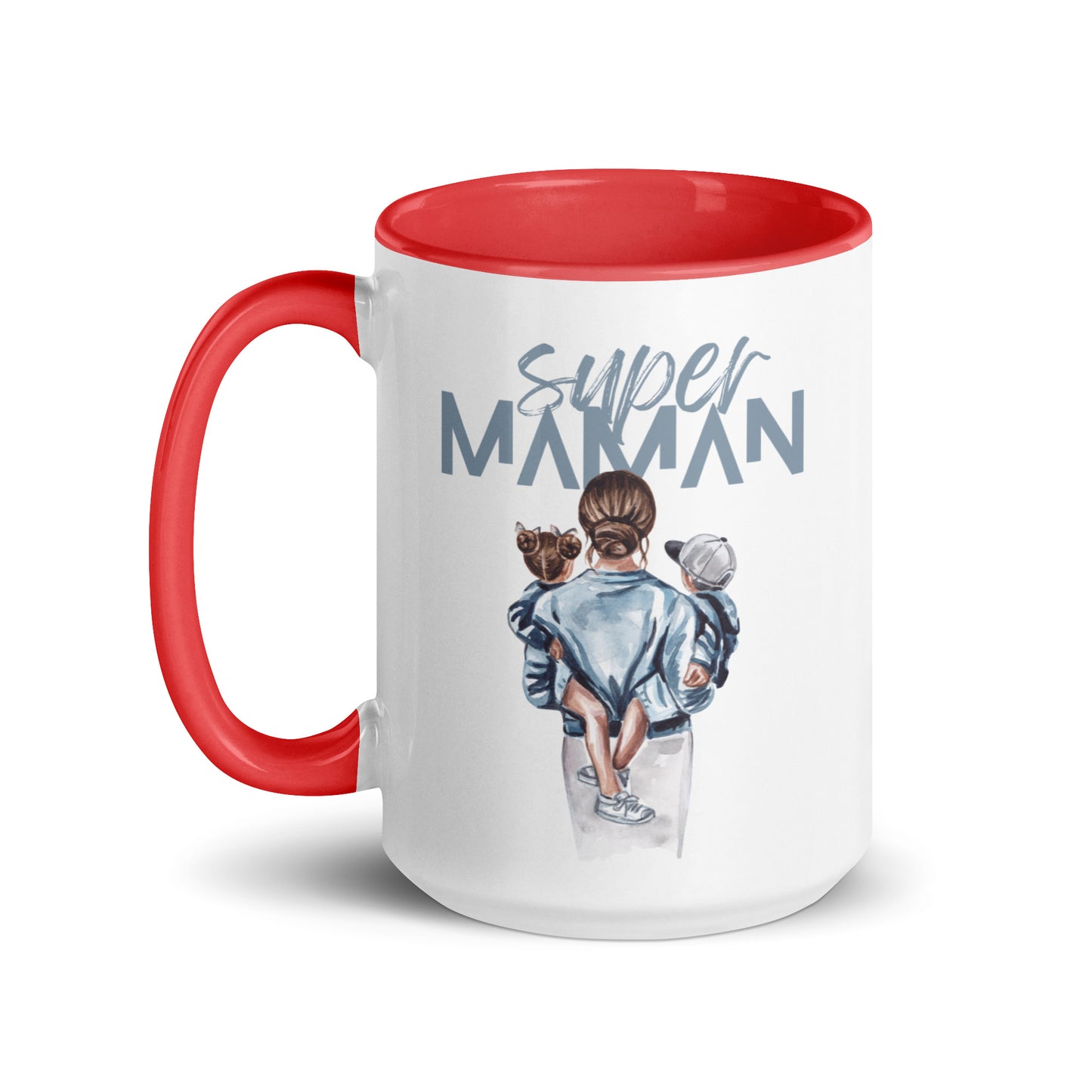 tasse blanche colorée intérieur et poignée rouge en céramique avec inscription Super Maman Avec le dessin d'une maman de dos portant deux enfants dans ses bras