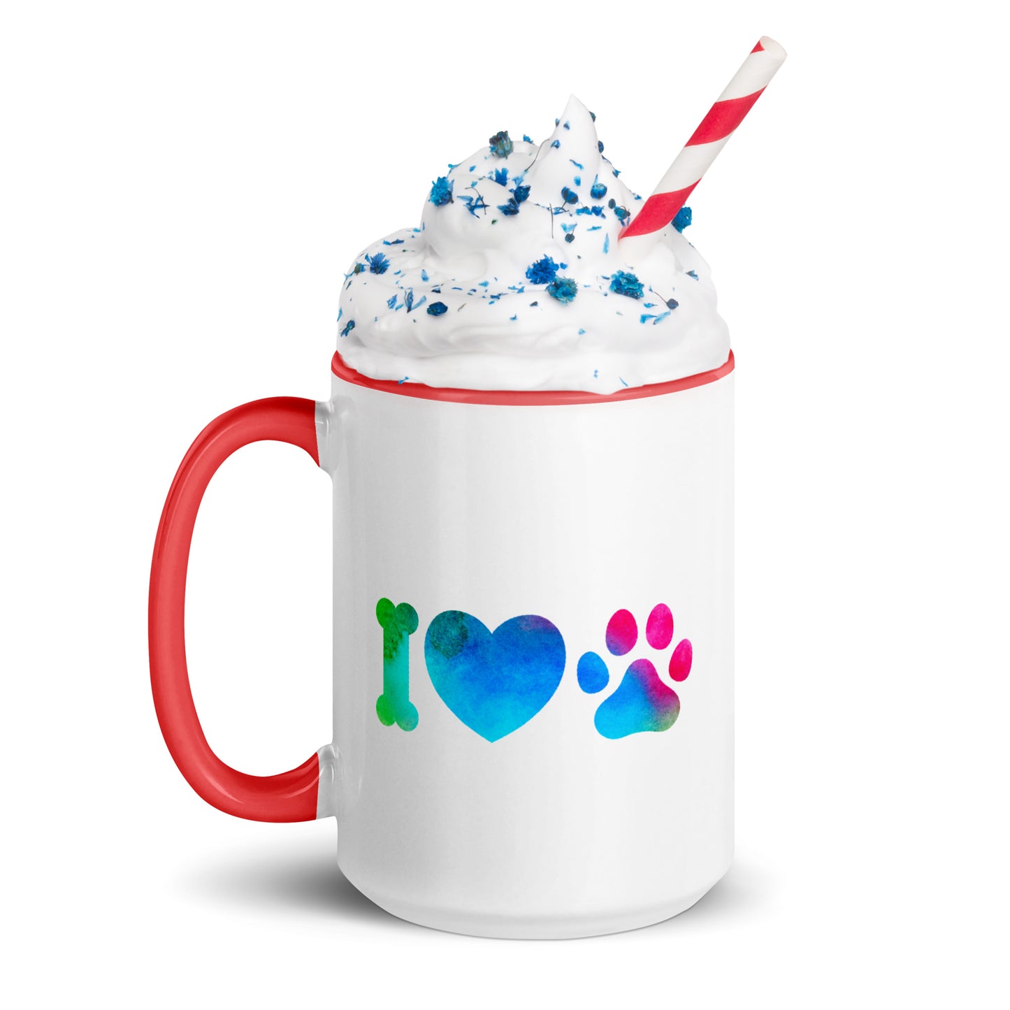 Tasse à café ou thé blanche avec intérieur, rebord et poignée coloré rouge Avec inscription " I love Dog Ou Cat" Love est écrit avec un coeur et chat ou chien est représenté par une empreinte de patte 15 oz