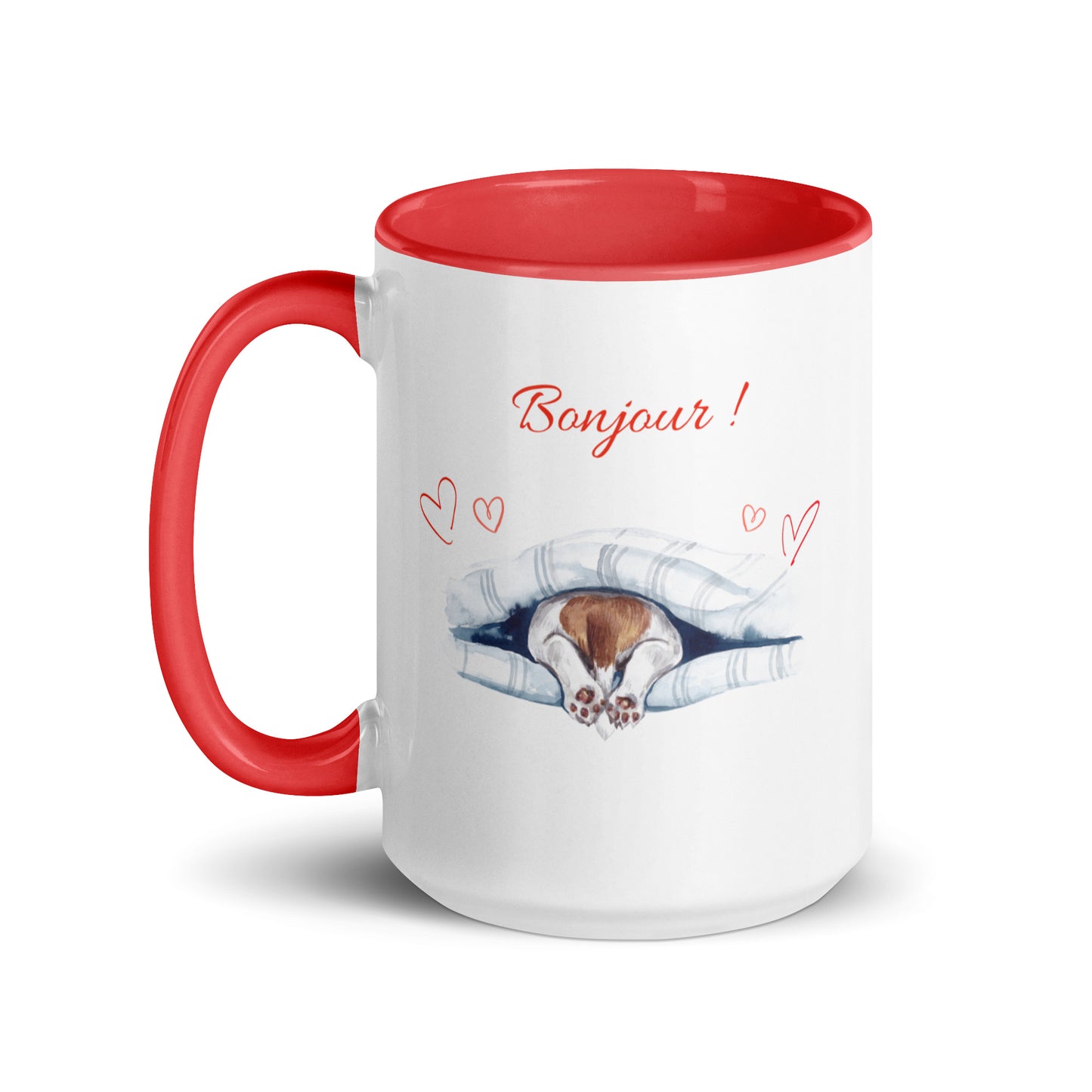Tasse blanche avec anse, intérieur et rebord rouge en céramique avec inscription "Bonjour" avec des cœurs et les pattes arrières d'un chien qui sortent de dessous sa couverture 15 oz