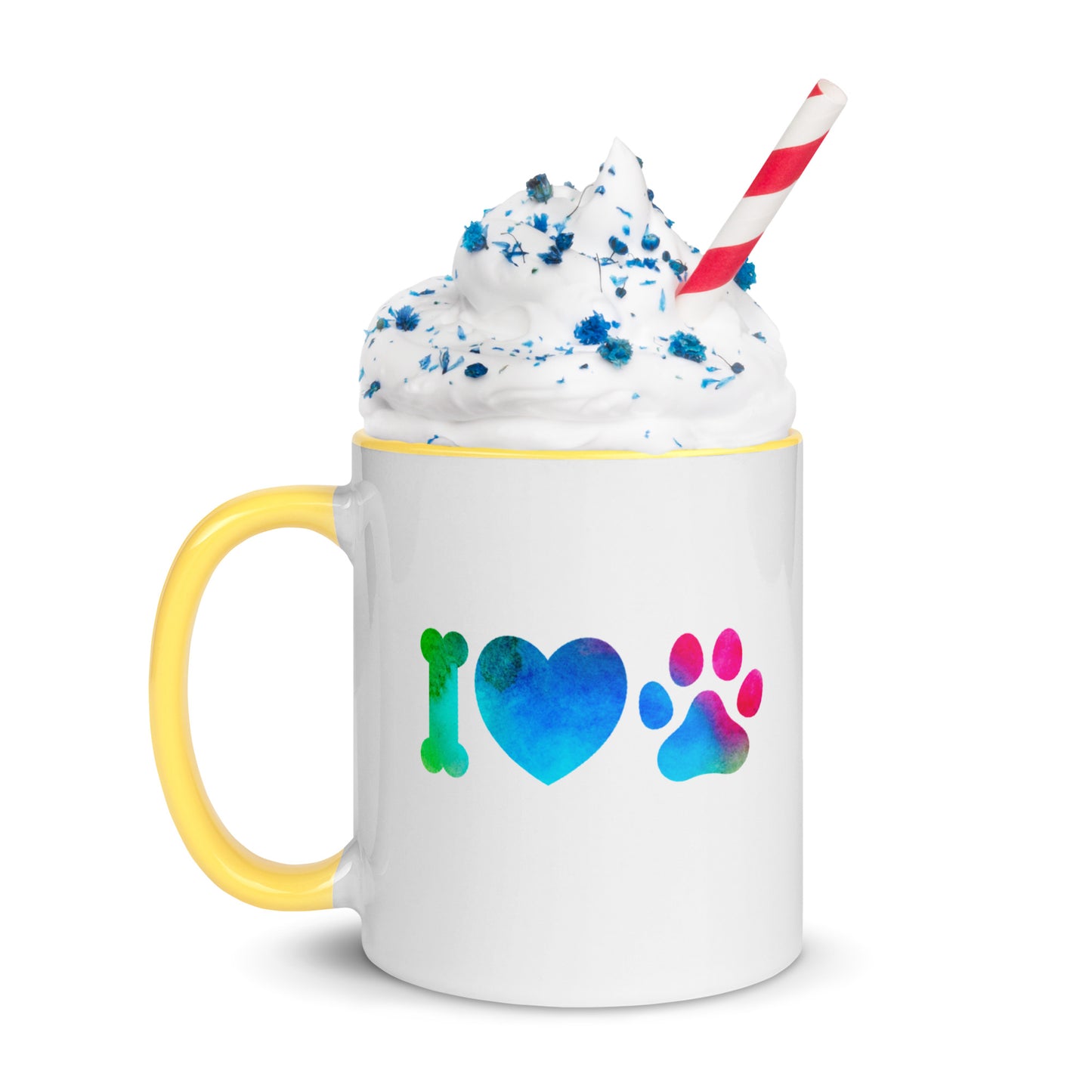 Tasse à café ou thé blanche avec intérieur, rebord et poignée coloré jaune Avec inscription " I love Dog Ou Cat" Love est écrit avec un coeur et chat ou chien est représenté par une empreinte de patte 11 oz
