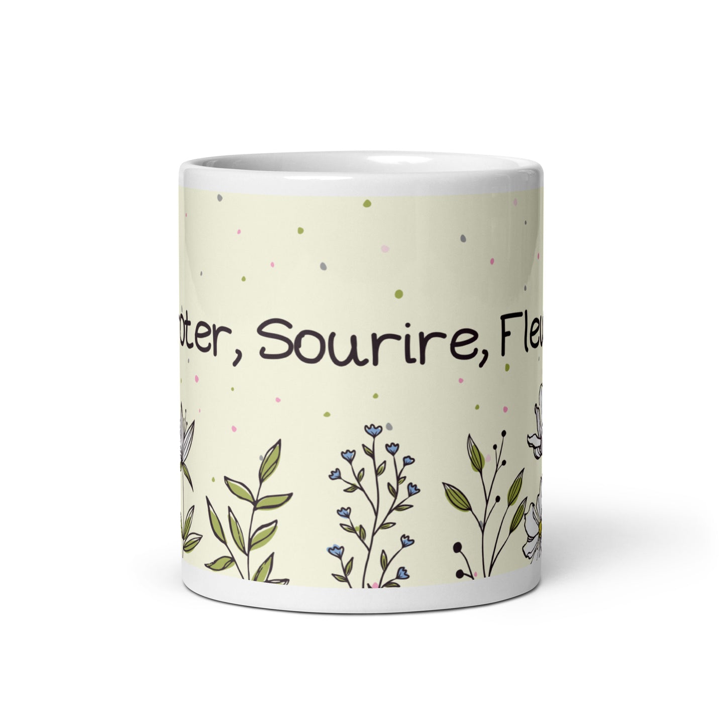 tasse blanche en céramique avec des dessins de fleurs, des papillons, avec inscription "Siroter, sourire, Fleurir" 11 oz