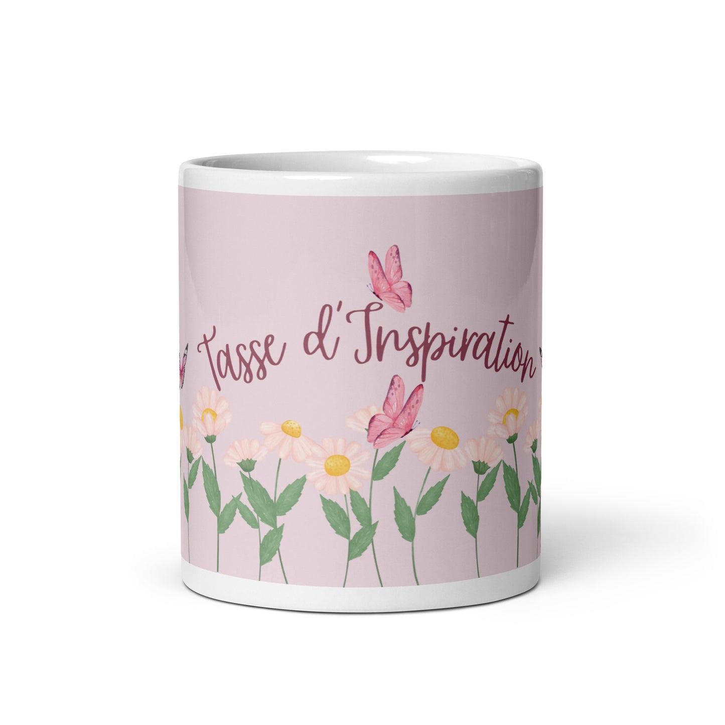 tasse blanche et rose avec inscription "tasse d'inspiration" avec fleurs et papillons 11 oz