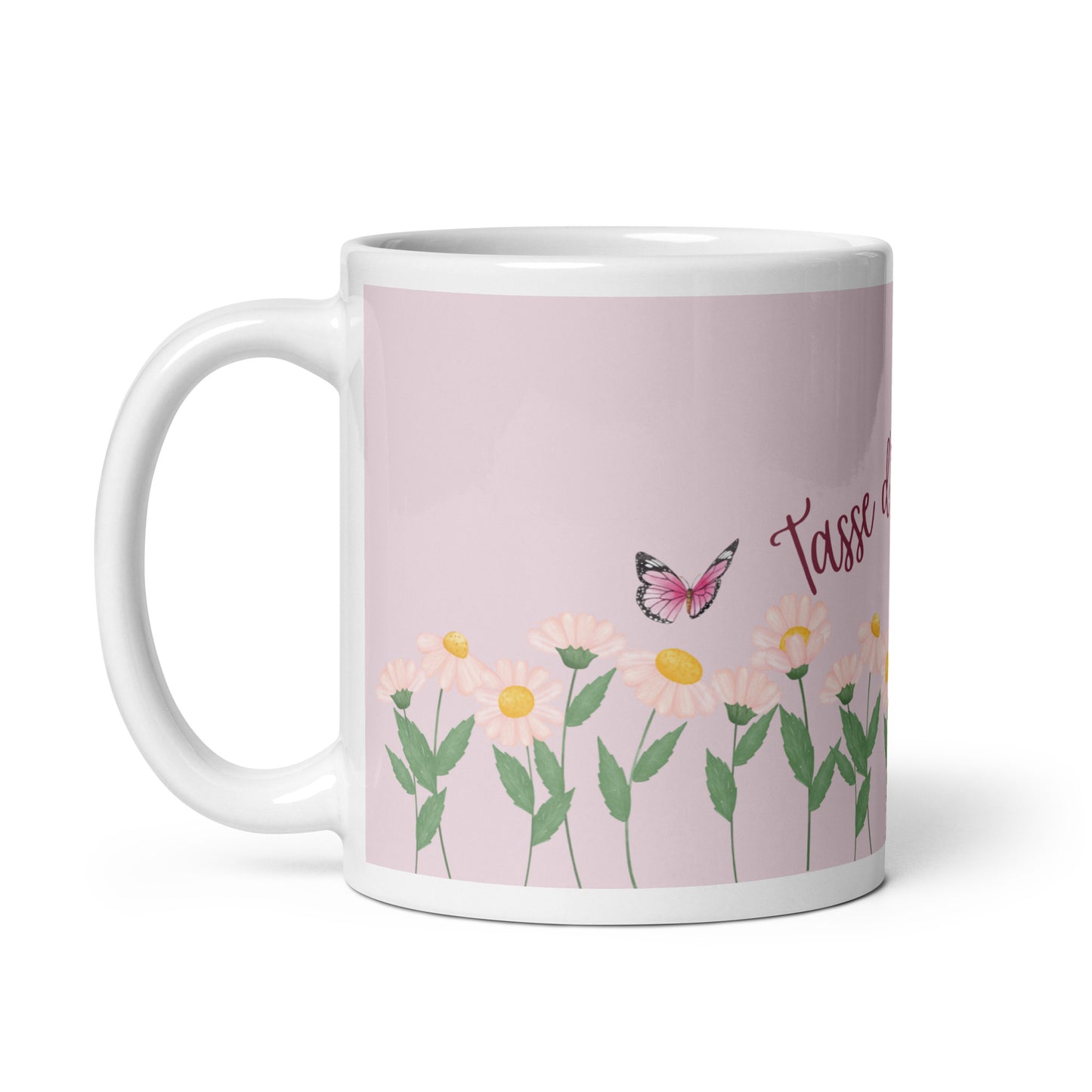 tasse blanche et rose avec inscription "tasse d'inspiration" avec fleurs et papillons 11 oz