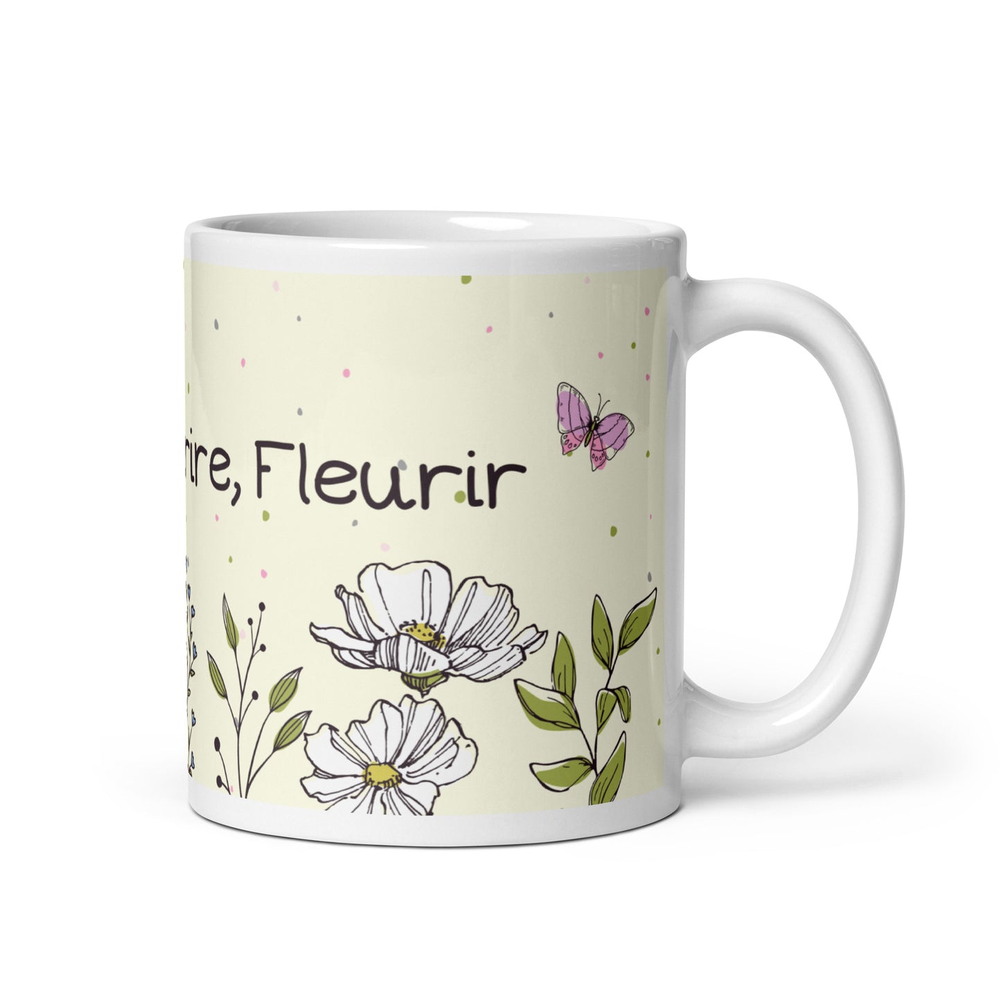 tasse blanche en céramique avec des dessins de fleurs, des papillons, avec inscription "Siroter, sourire, Fleurir" 11 oz