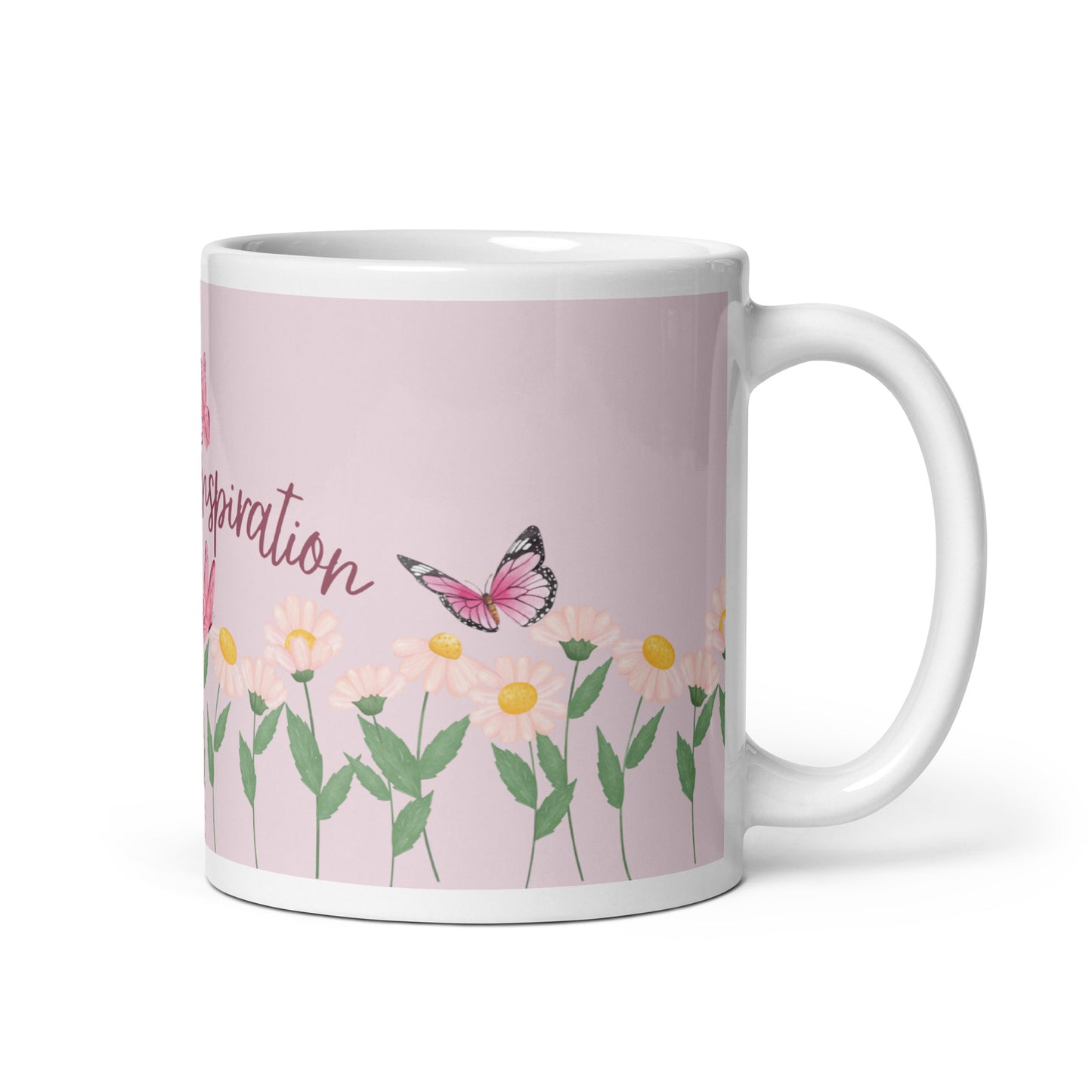 tasse blanche et rose avec inscription "tasse d'inspiration" avec fleurs et papillons 11 oz