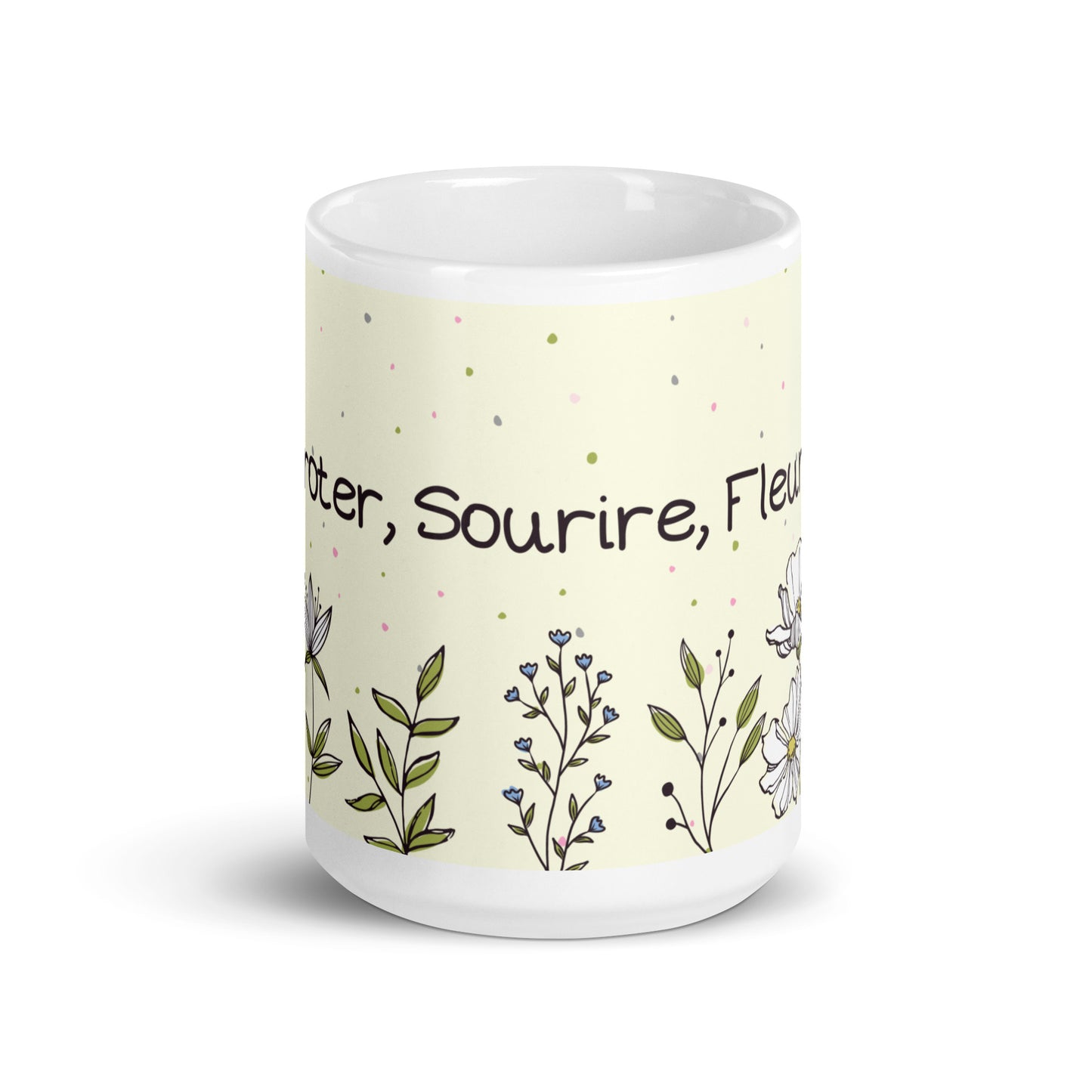 tasse blanche en céramique avec des dessins de fleurs, des papillons, avec inscription "Siroter, sourire, Fleurir" 15 oz