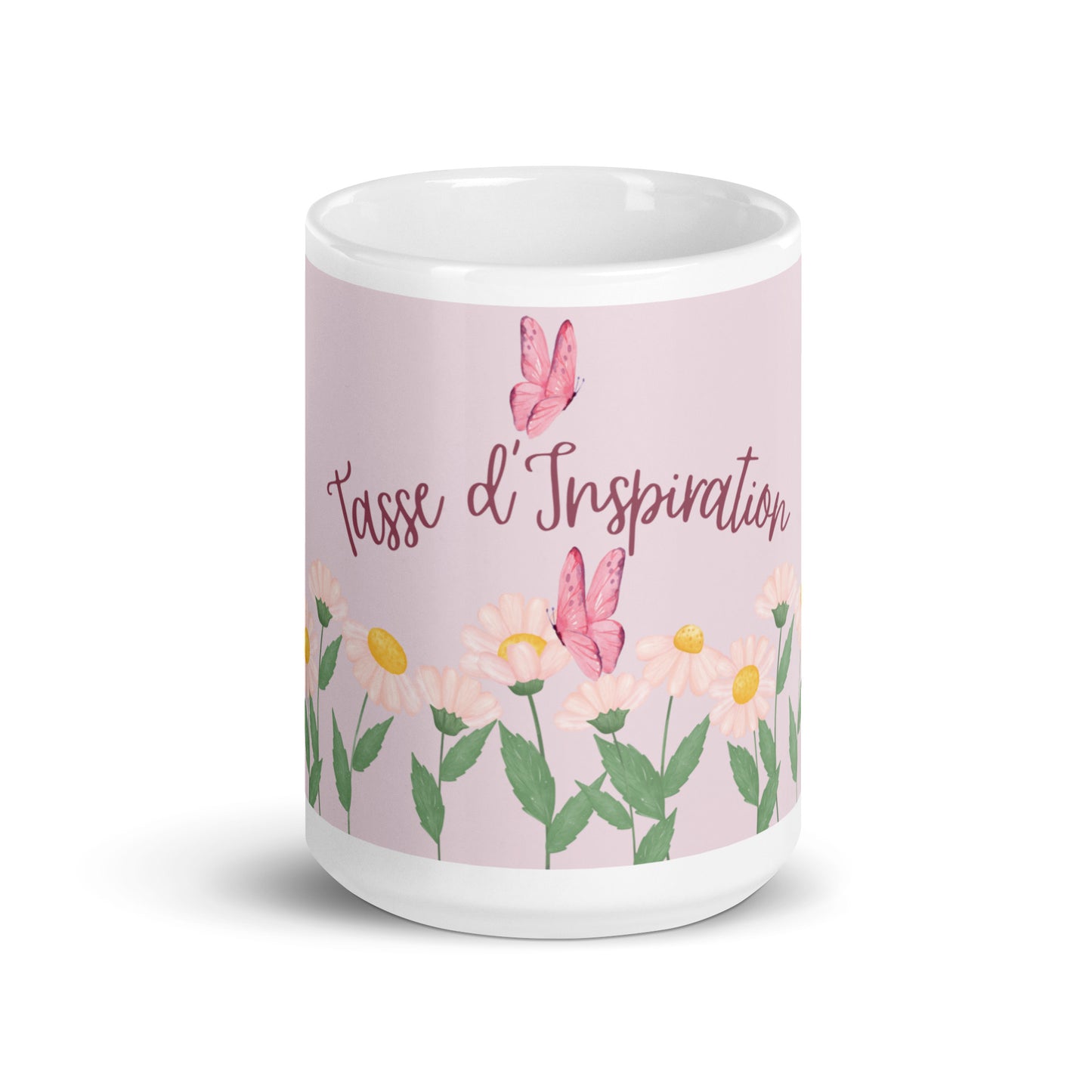 tasse blanche et rose avec inscription "tasse d'inspiration" avec fleurs et papillons 15 oz