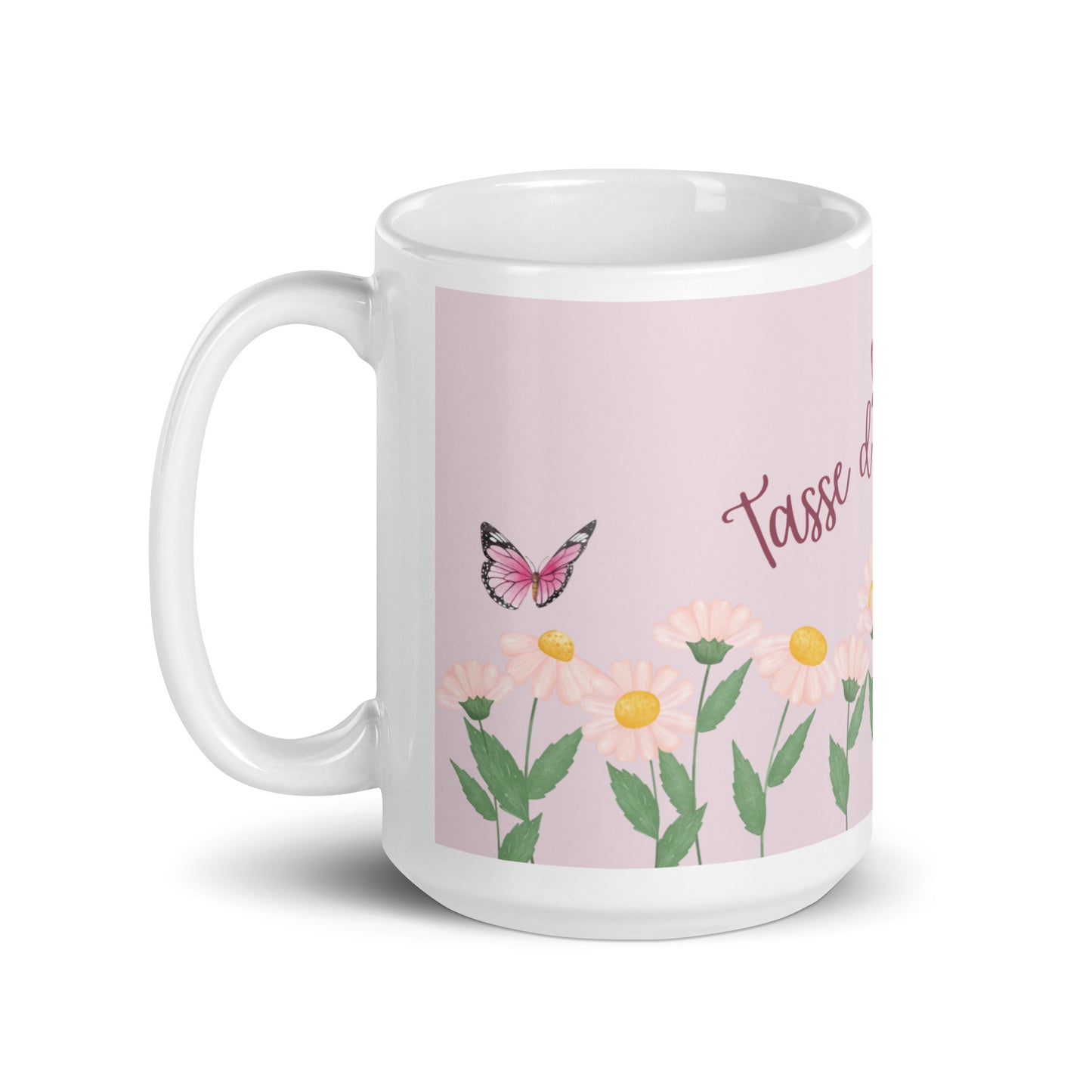 tasse blanche et rose avec inscription "tasse d'inspiration" avec fleurs et papillons 15 oz