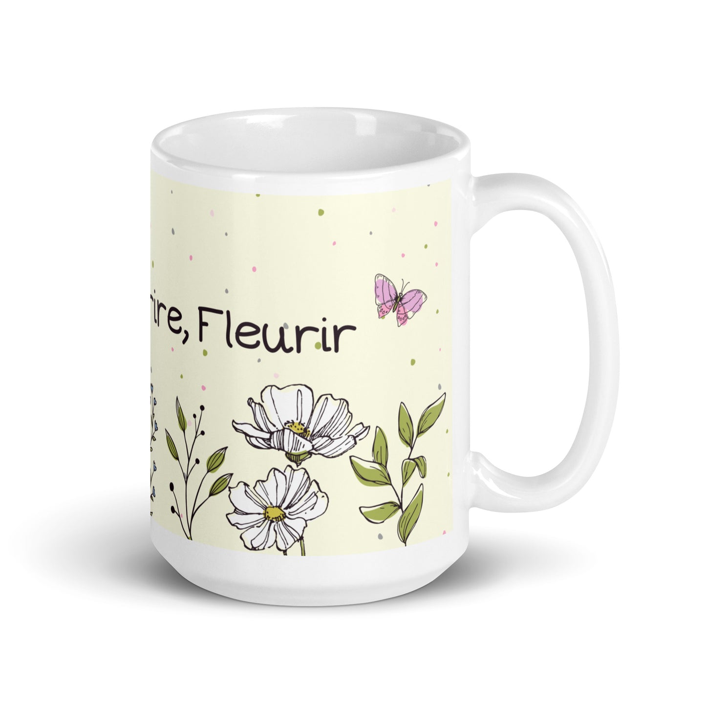 tasse blanche en céramique avec des dessins de fleurs, des papillons, avec inscription "Siroter, sourire, Fleurir" 15 oz