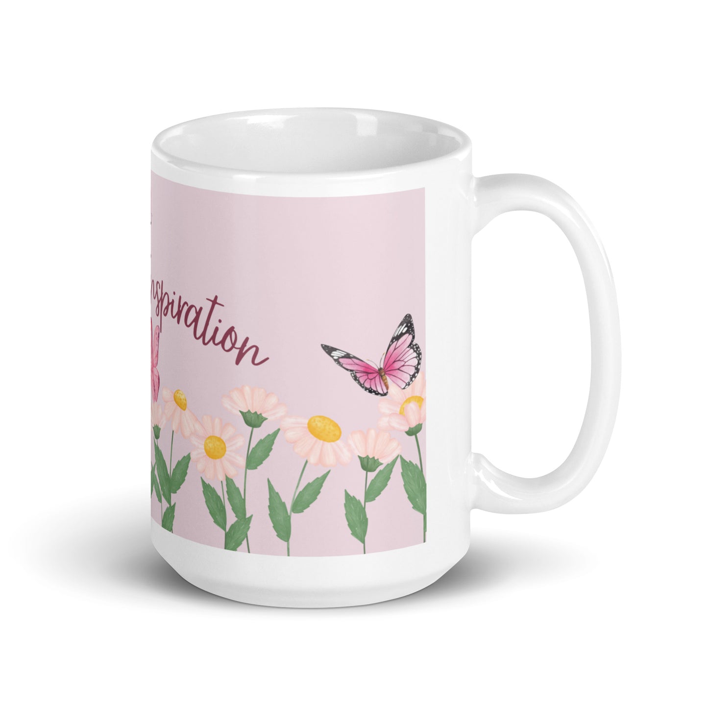 tasse blanche et rose avec inscription "tasse d'inspiration" avec fleurs et papillons 15 oz