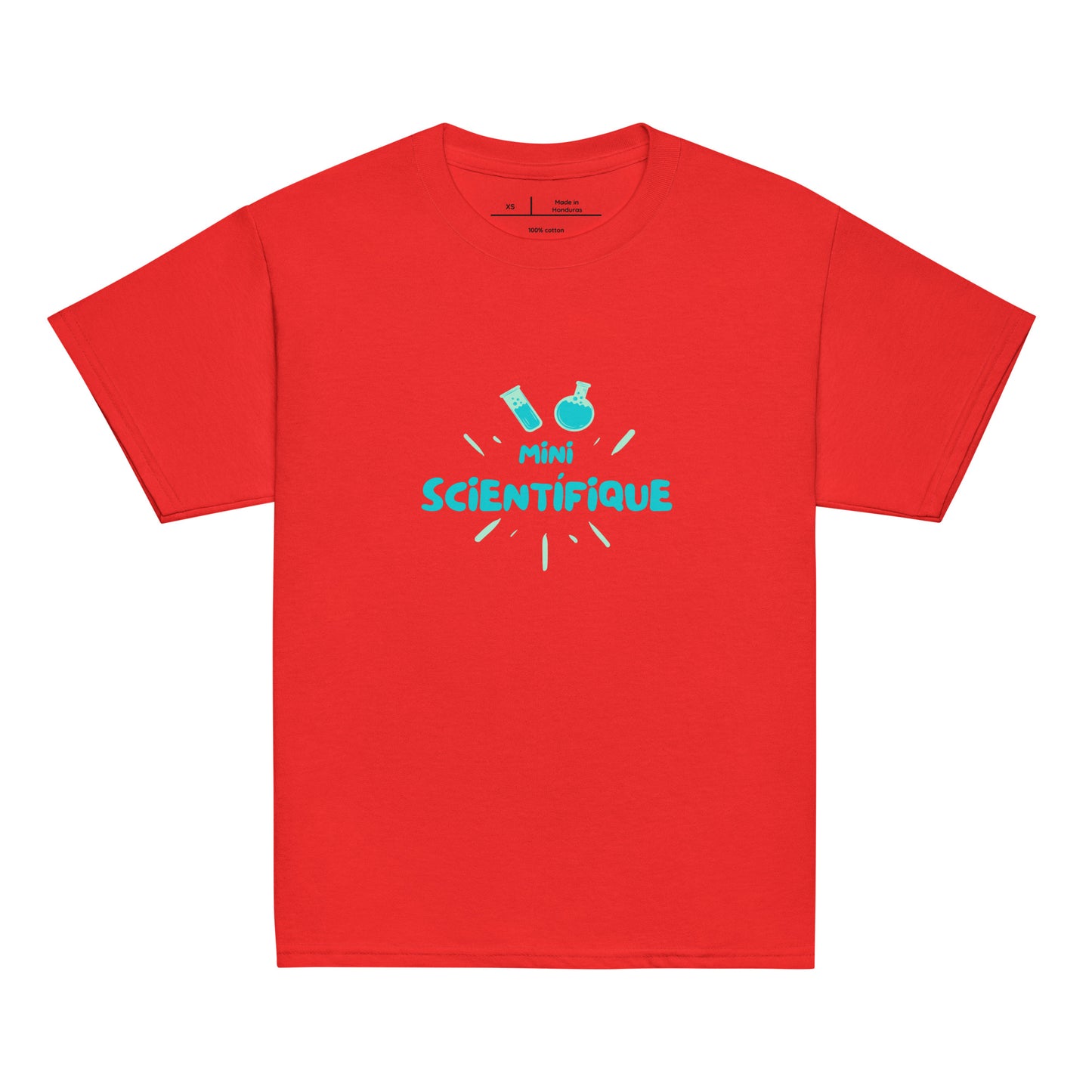 T-shirt enfant de couleur rouge encolure ronde manche courte avec inscription "mini scientifique" écrite de manière sympa pour les passionnés de science