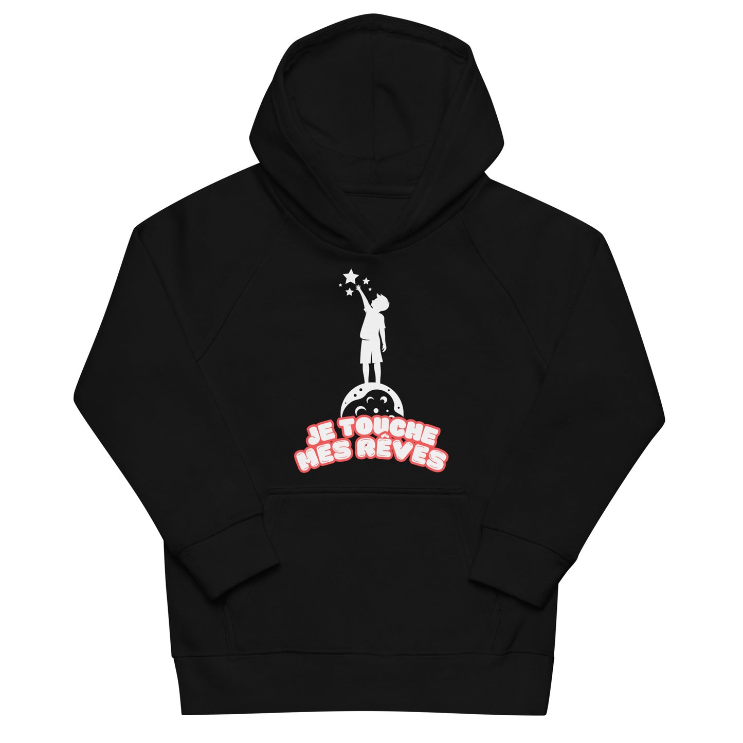 sweat à capuche enfant de couleur noir poche kangourou avec dessin d'un enfant qui touche les étoiles du bout des doigts et inscription " je touche mes rêves" 