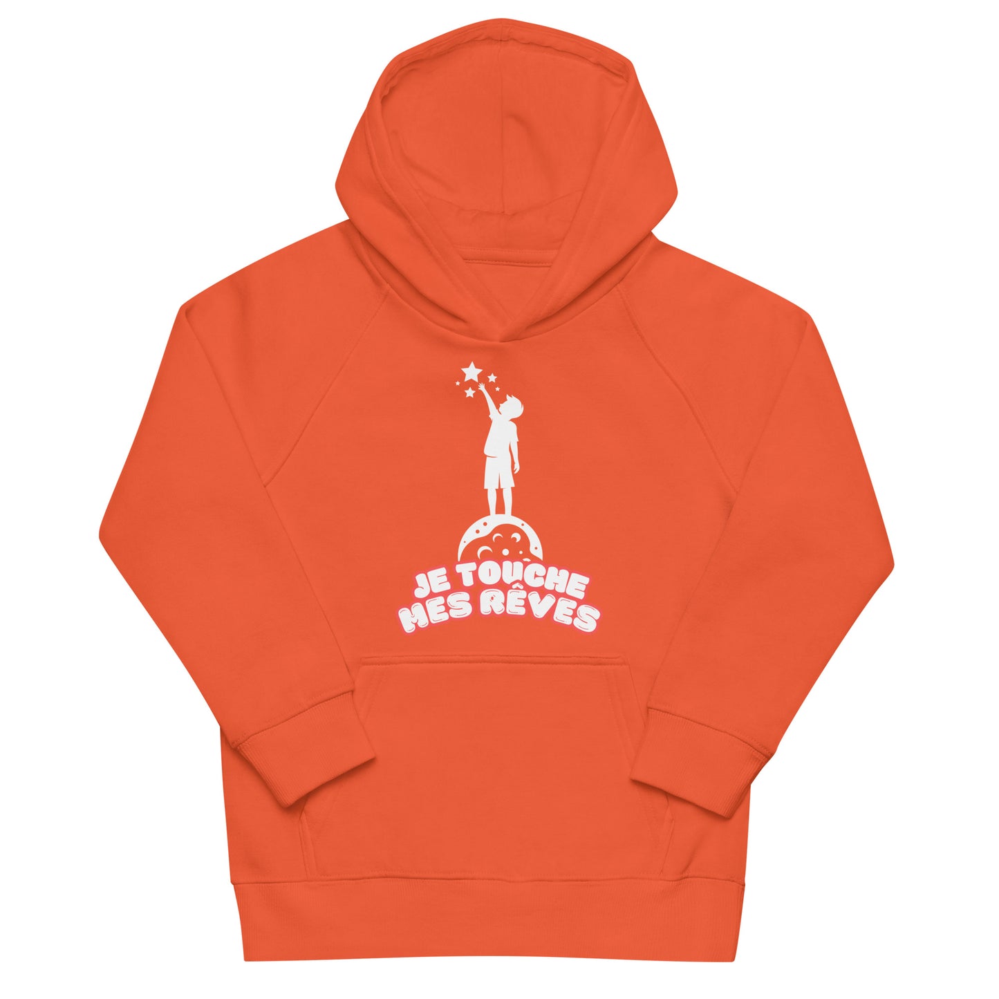 sweat à capuche enfant de couleur orange poche kangourou avec dessin d'un enfant qui touche les étoiles du bout des doigts et inscription " je touche mes rêves" 