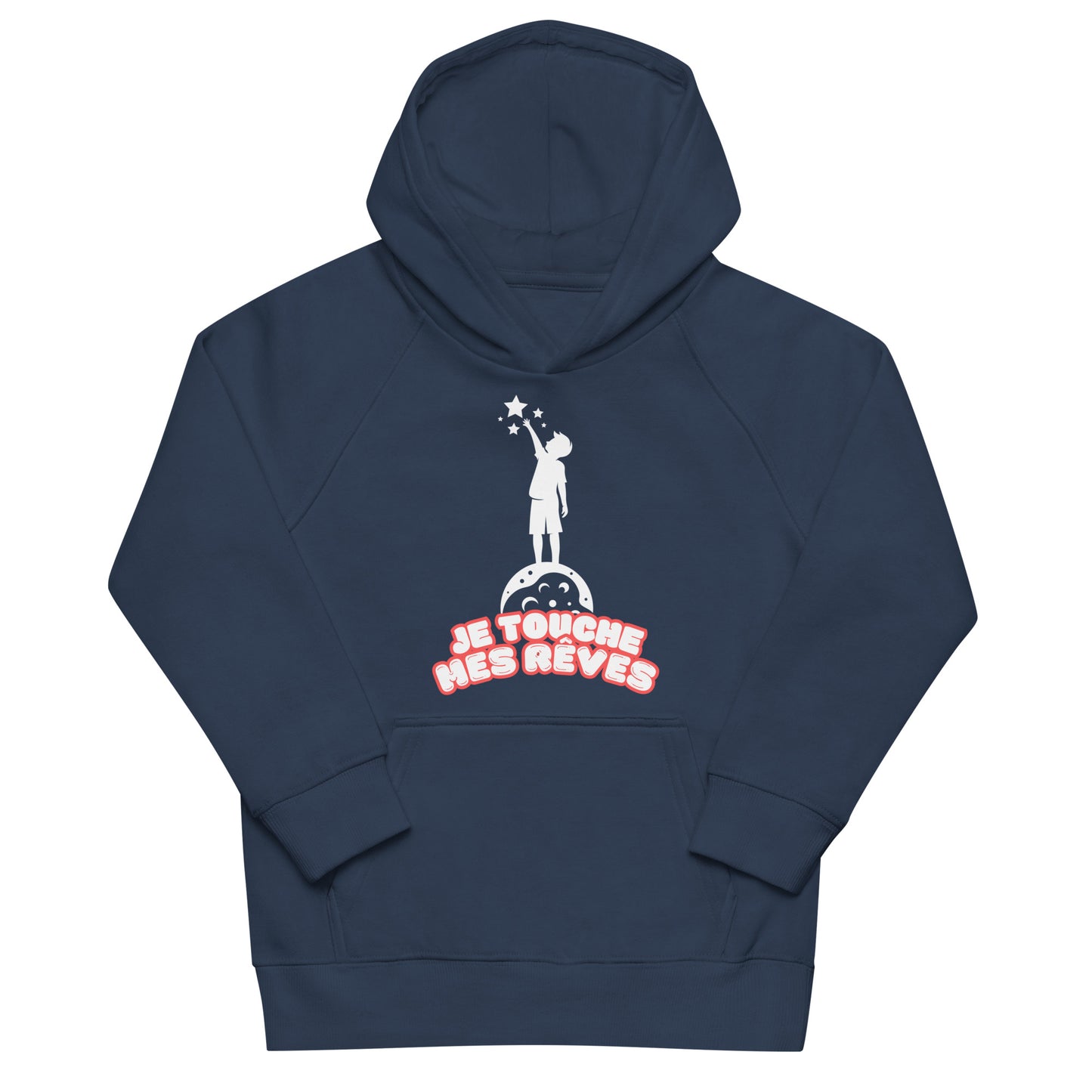 sweat à capuche enfant de couleur bleu marine poche kangourou avec dessin d'un enfant qui touche les étoiles du bout des doigts et inscription " je touche mes rêves" 