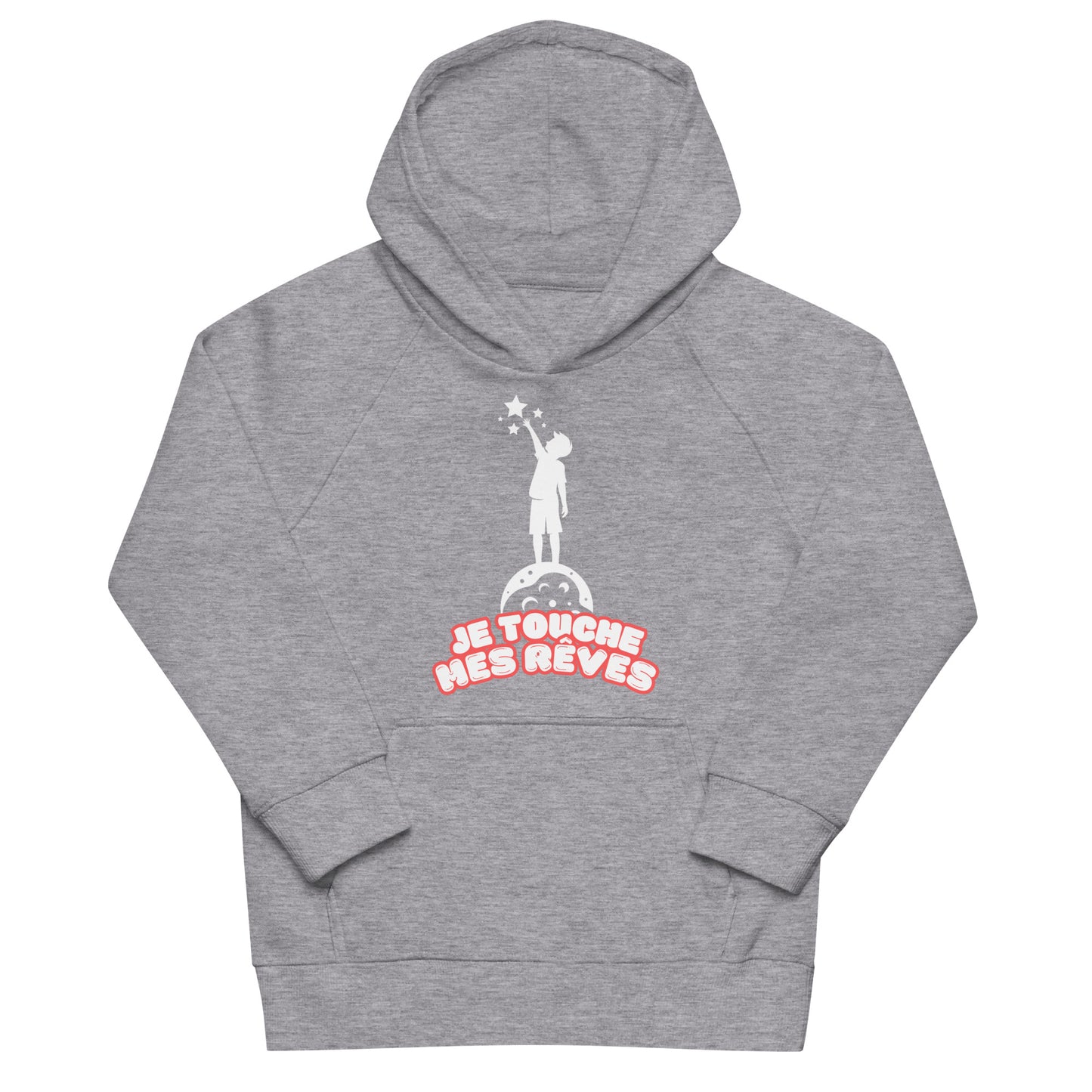 sweat à capuche enfant de couleur gris chiné poche kangourou avec dessin d'un enfant qui touche les étoiles du bout des doigts et inscription " je touche mes rêves" 