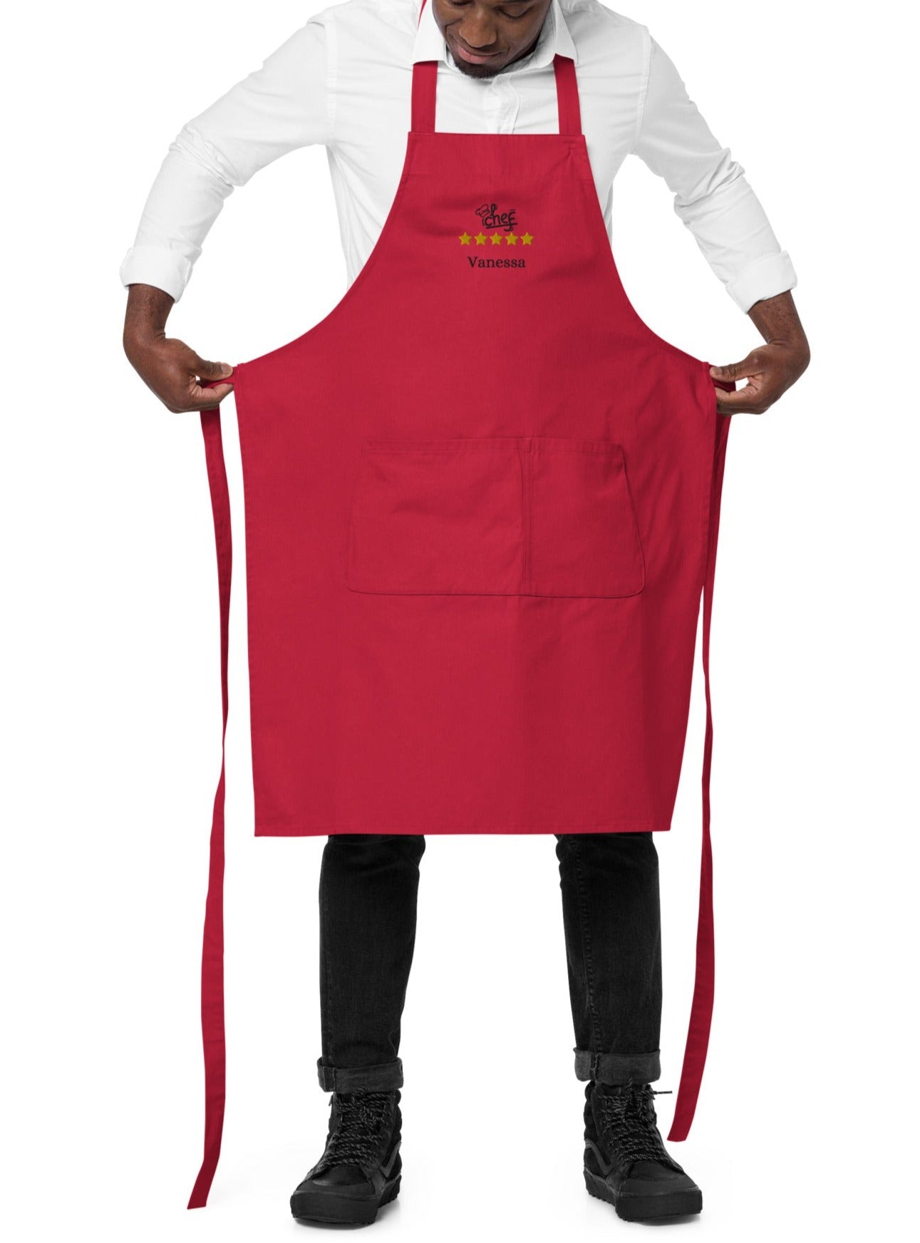tablier de couleur rouge 100% coton bio ajustable avec 2 poches avec inscription brodée Chef avec toque, 5 étoiles et le prénom de votre choix