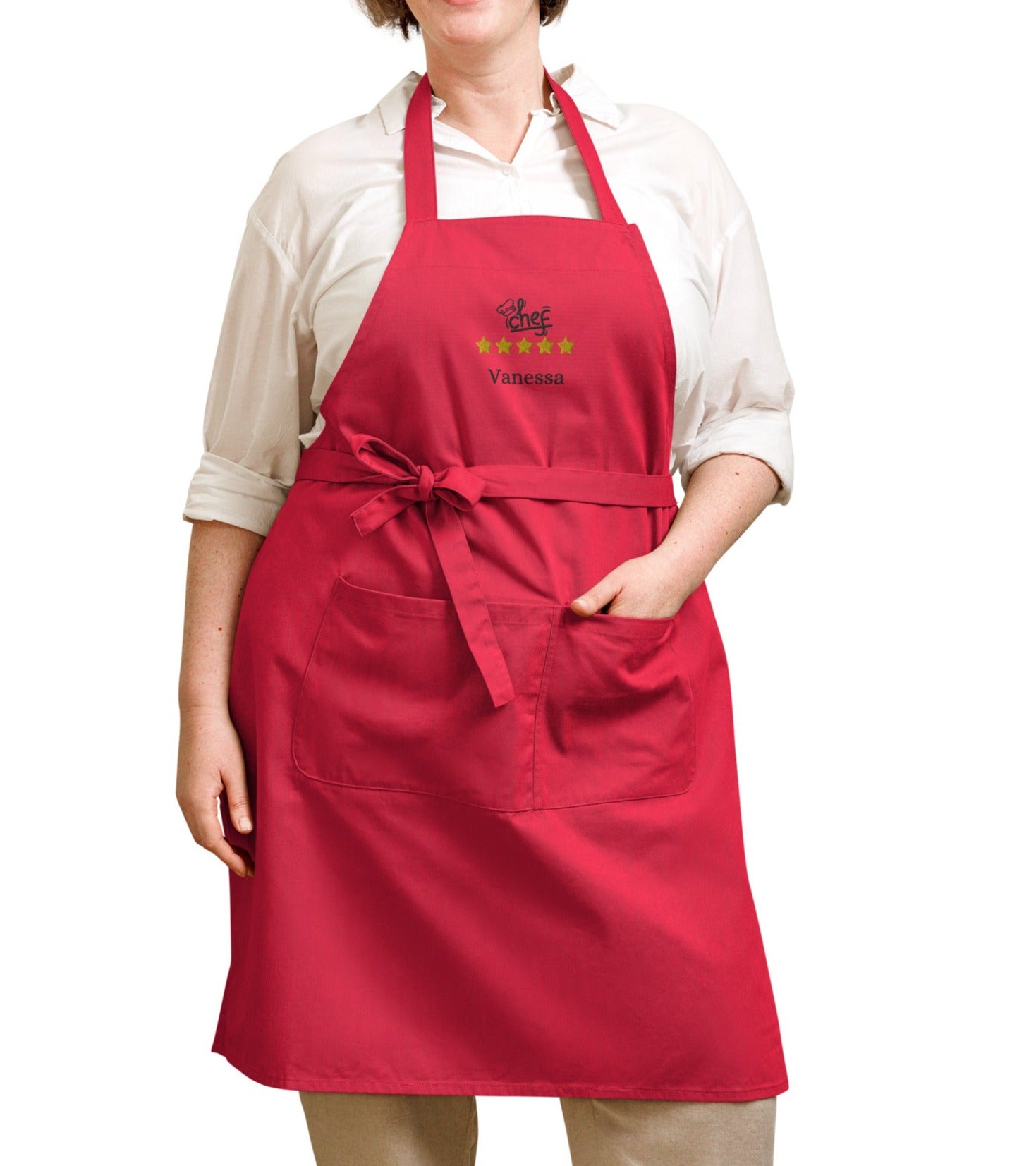 tablier de couleur rouge 100% coton bio ajustable avec 2 poches avec inscription brodée Chef avec toque, 5 étoiles et le prénom de votre choix