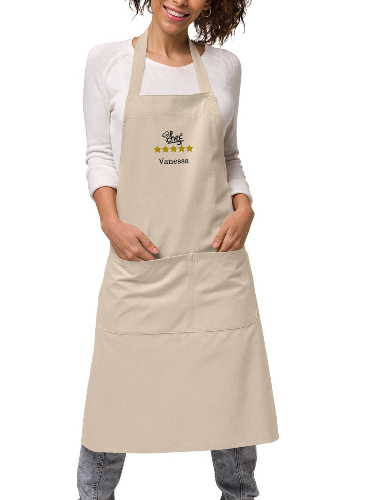 tablier de couleur sable 100% coton bio ajustable avec 2 poches avec inscription brodée Chef avec toque, 5 étoiles et le prénom de votre choix