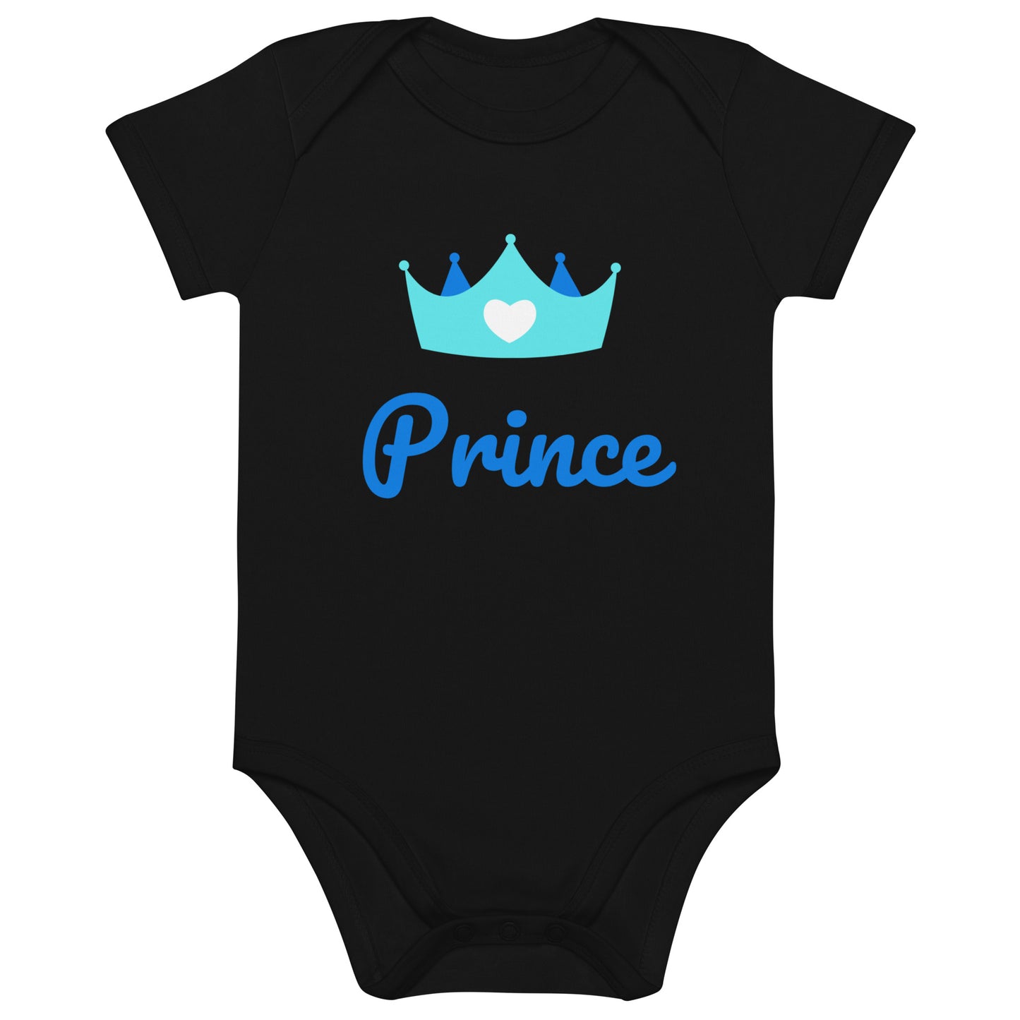 Bodie bébé de couleur noir manche courte en 100% coton bio certifié avec inscription "Prince" et une couronne avec un coeur dessus