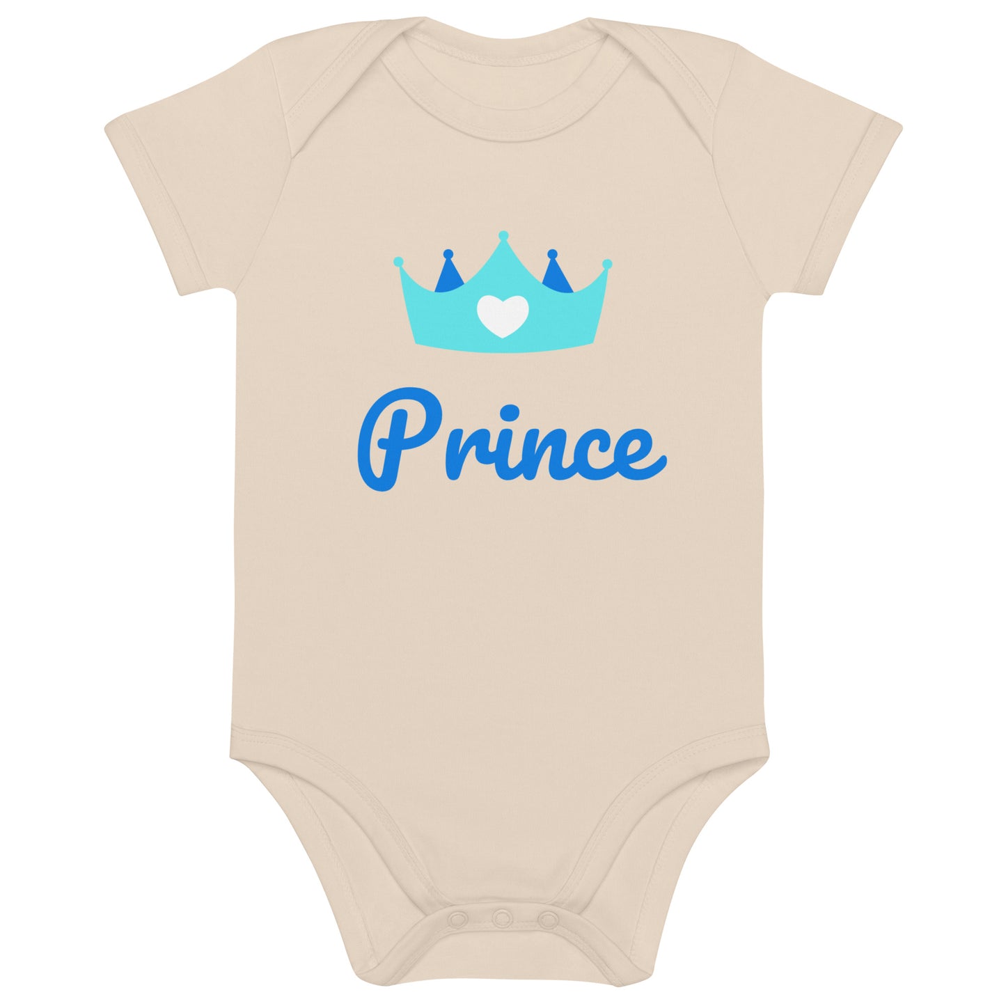 Bodie bébé de couleur Natural manche courte en 100% coton bio certifié avec inscription "Prince" et une couronne avec un coeur dessus
