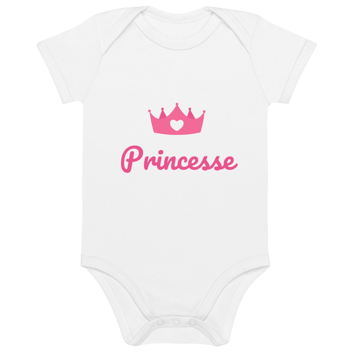 Bodie bébé de couleur blanc avec inscription "Princesse"et une couronne de princesse rose evec un petit coeur sur la couronne 