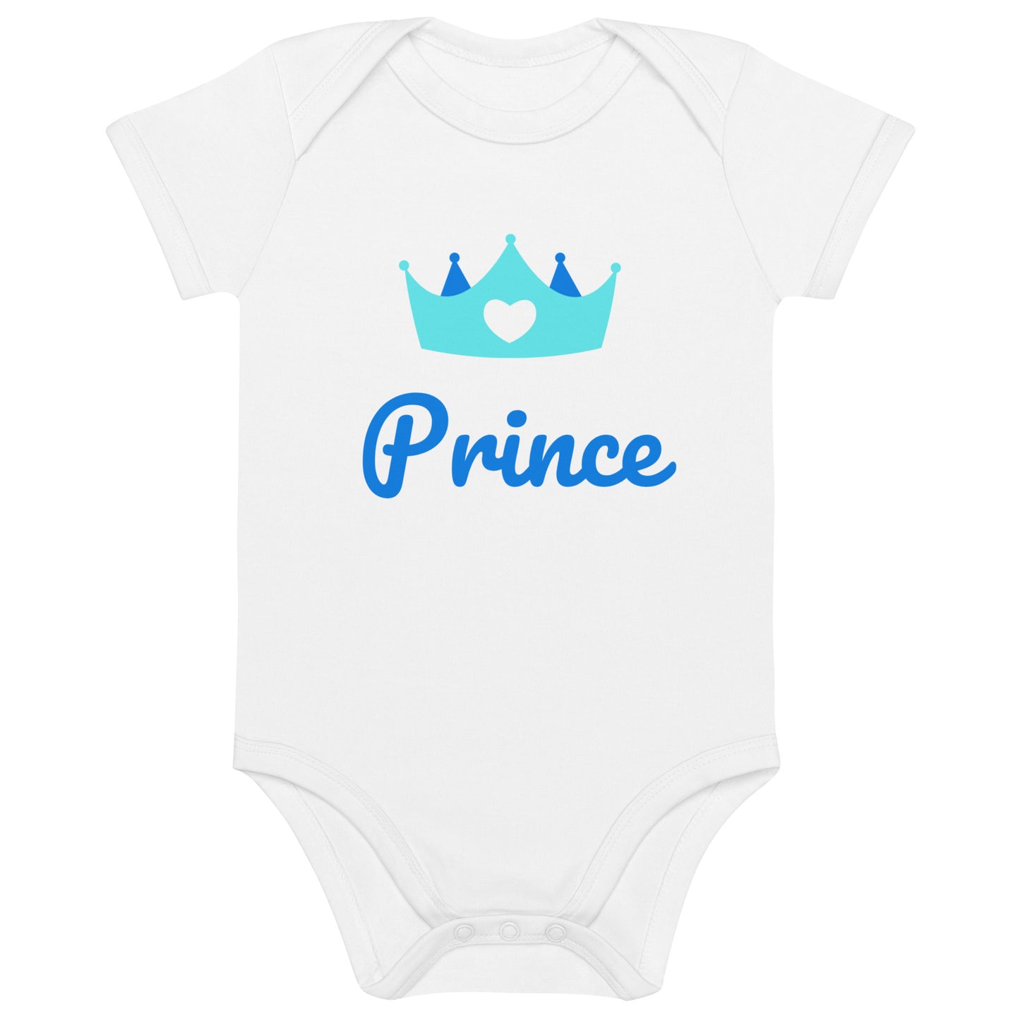 Bodie bébé de couleur blanc manche courte en 100% coton bio certifié avec inscription "Prince" et une couronne avec un coeur dessus