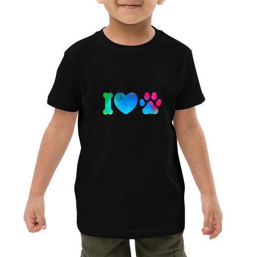 t-shirt couleur noir enfant 100% bio écrit "Il Love Dogs"