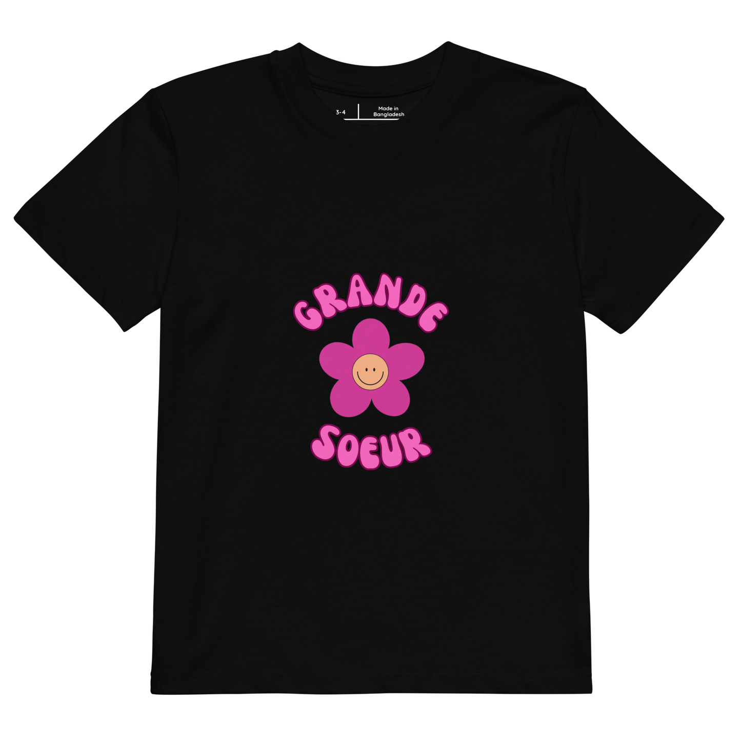 T-shirt enfant noir manche courte encolure ronde 100% coton bio avec inscription Grande soeur
