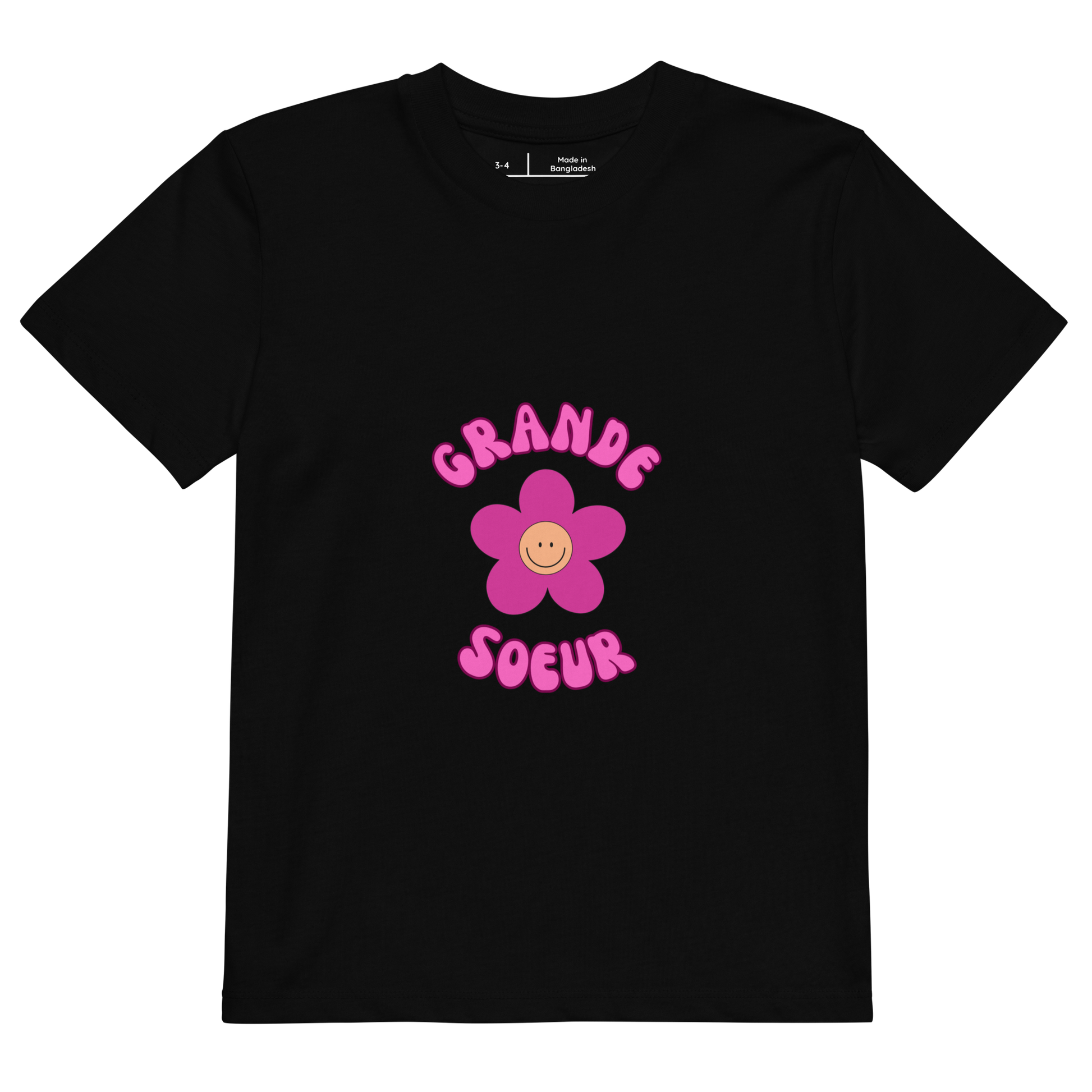 T-shirt enfant noir manche courte encolure ronde 100% coton bio avec inscription Grande soeur