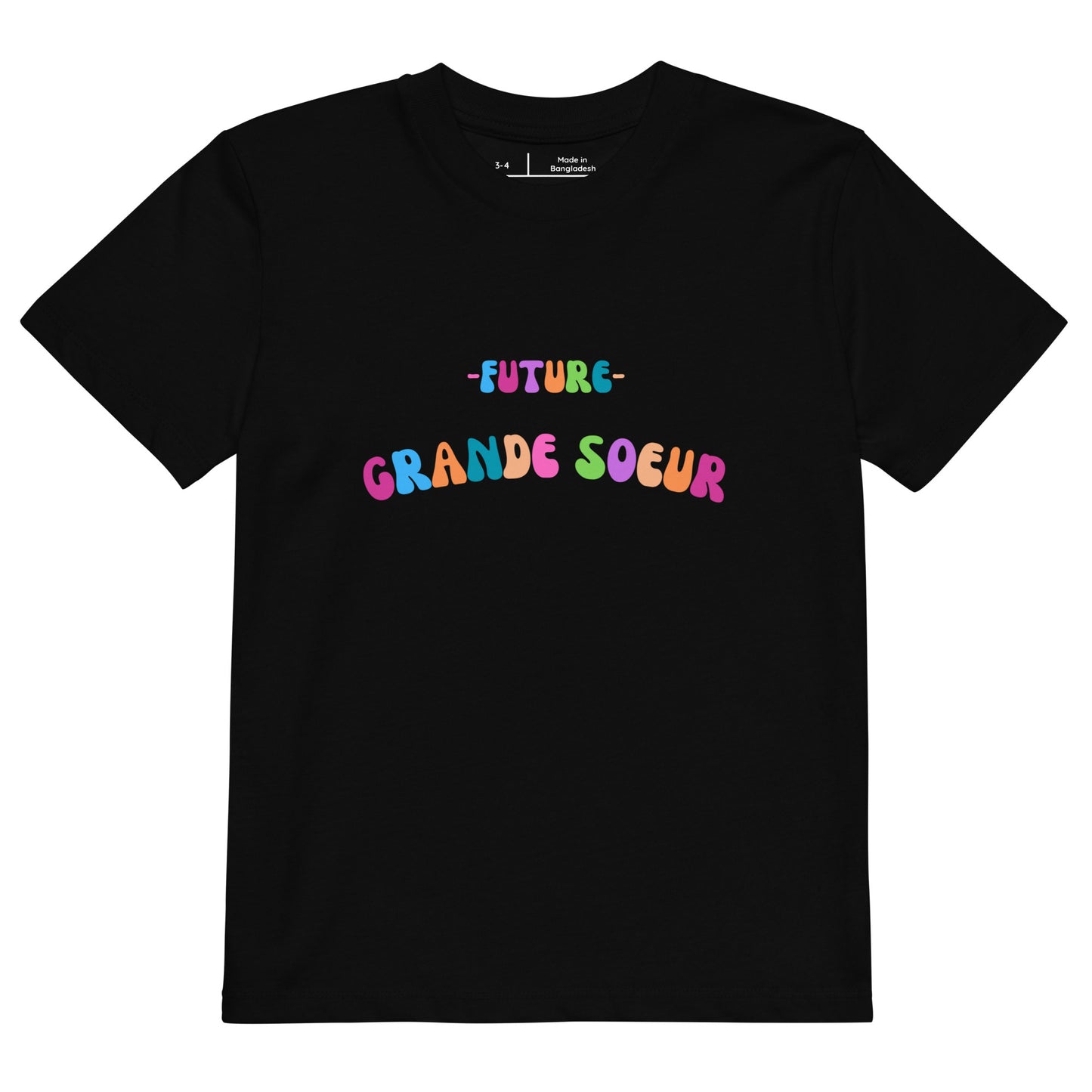 T-shirt noir manche courte encolure ronde 100% coton bio avec inscription "Future grande soeur"