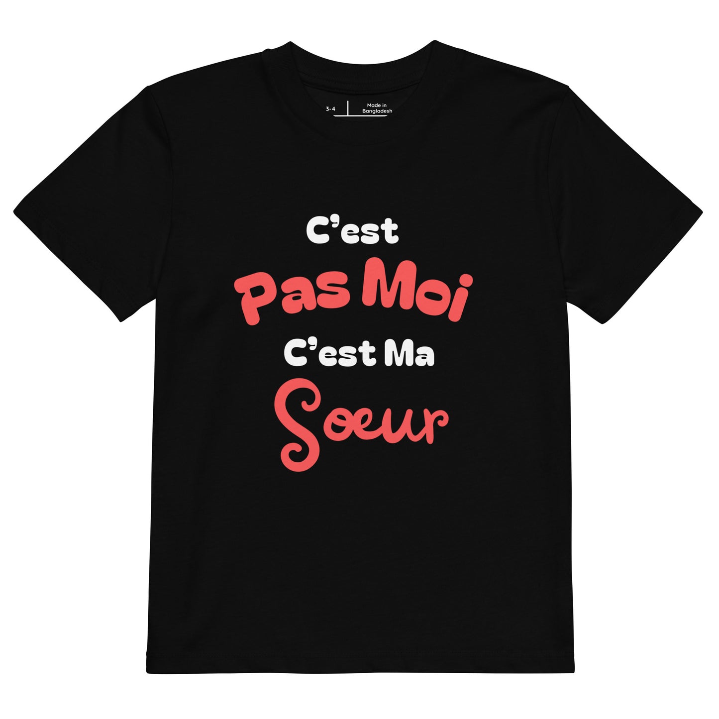 t-shirt enfant noir col rond manche courte 100% coton bio avec inscription "c'est pas moi c'est ma soeur"