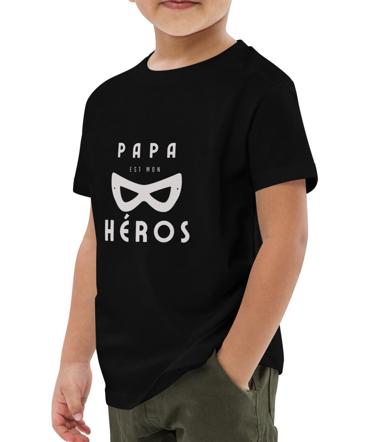 t-shirt noir manche courte encolure ronde inscription Papa est mon héros