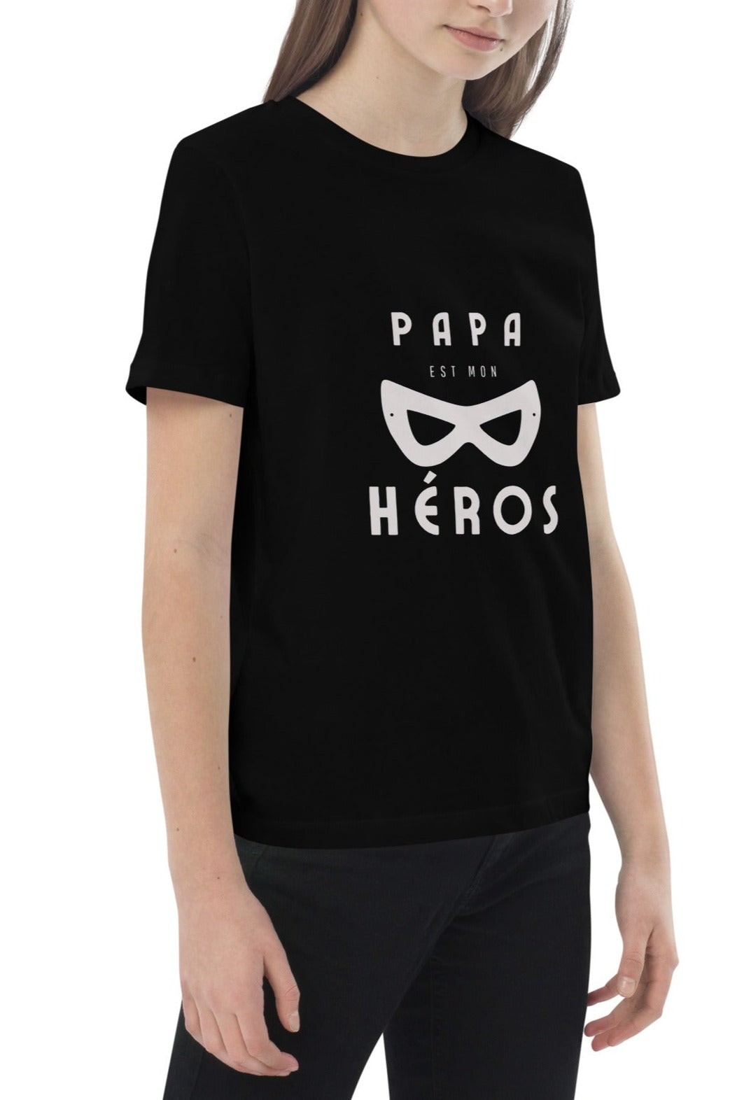 t-shirt noir manche courte encolure ronde inscription Papa est mon héros