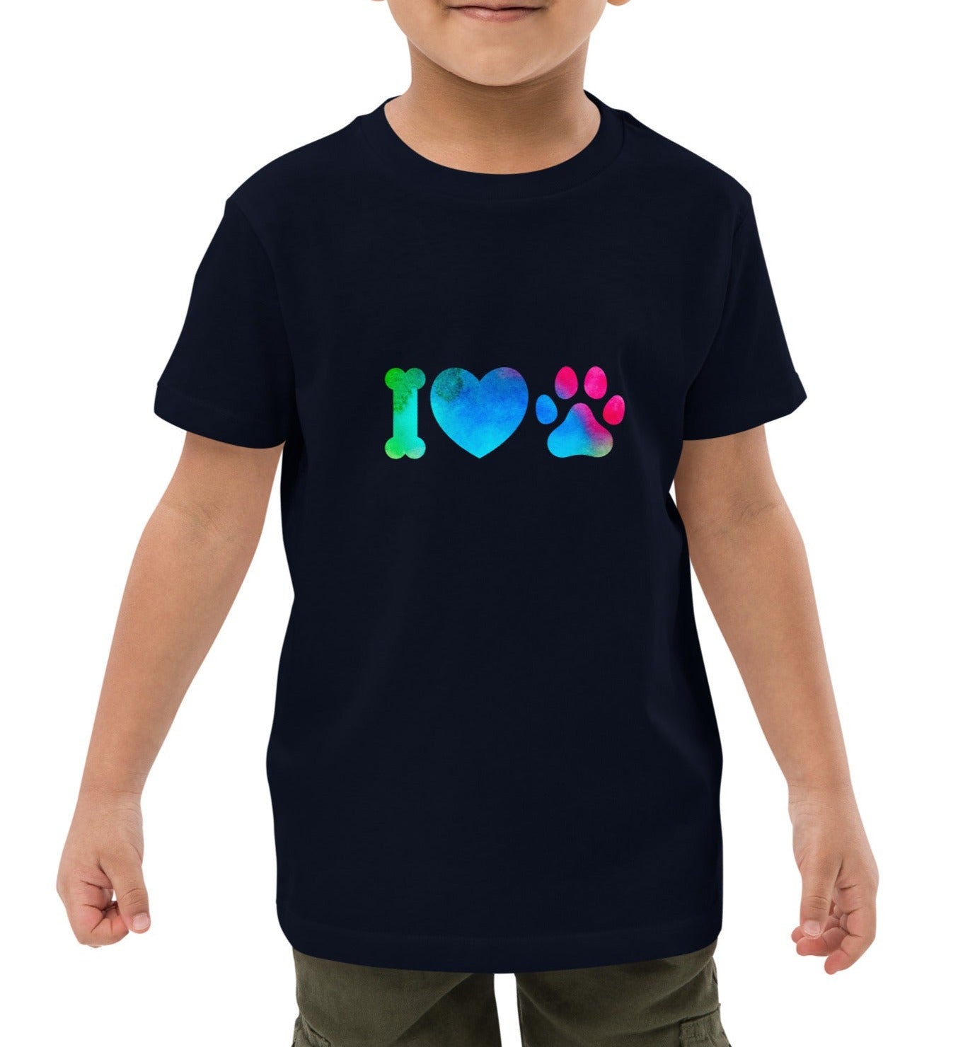 t-shirt enfant de couleur Bleu foncé 100% bio avec écrit "i love  Dogs"