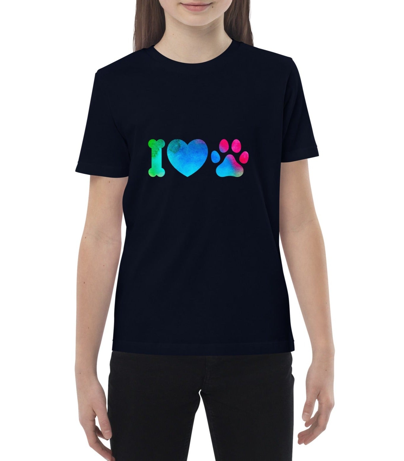 t-shirt enfant de couleur bleu foncé 100% bio avec écrit "i love  Dogs"