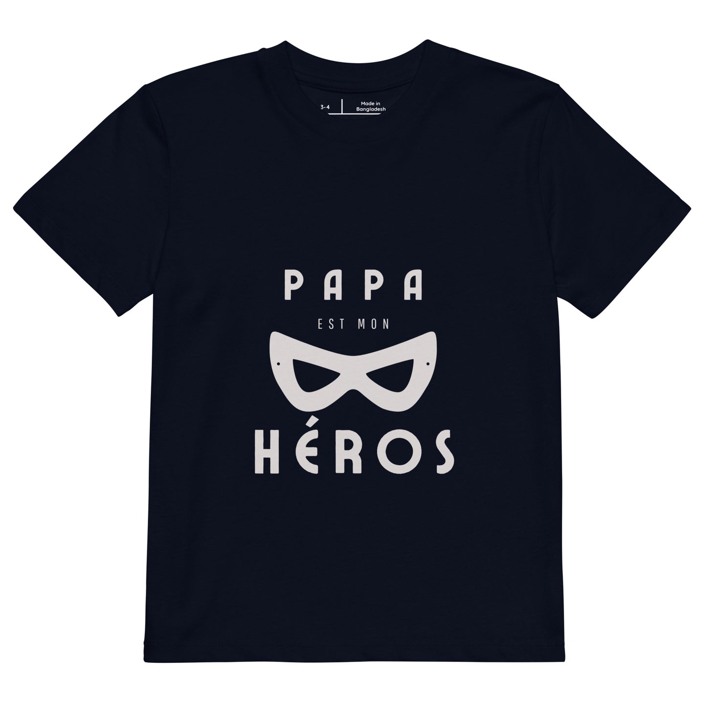 t-shirt bleu marine manche courte encolure ronde inscription Papa est mon héros