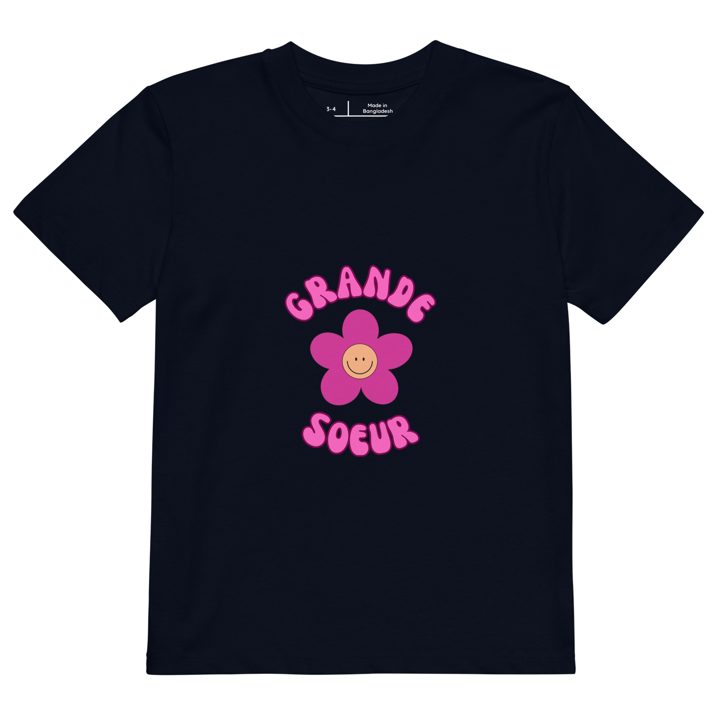 T-shirt enfant bleu marine manche courte encolure ronde 100% coton bio avec inscription Grande soeur