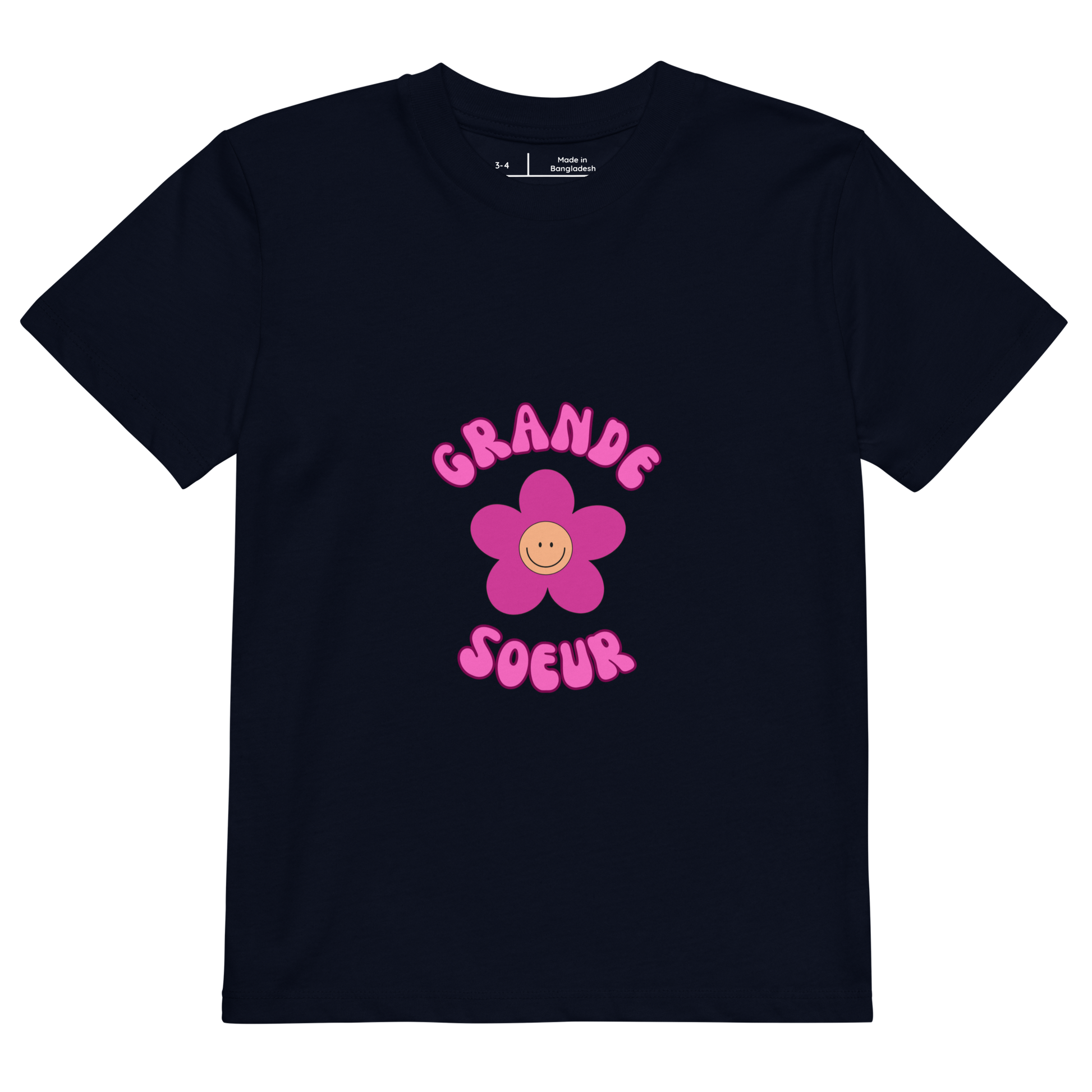 T-shirt enfant bleu marine manche courte encolure ronde 100% coton bio avec inscription Grande soeur