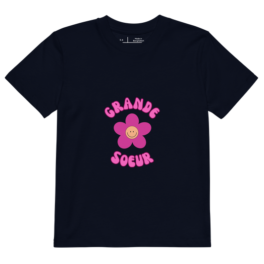 T-shirt enfant bleu marine manche courte encolure ronde 100% coton bio avec inscription Grande soeur