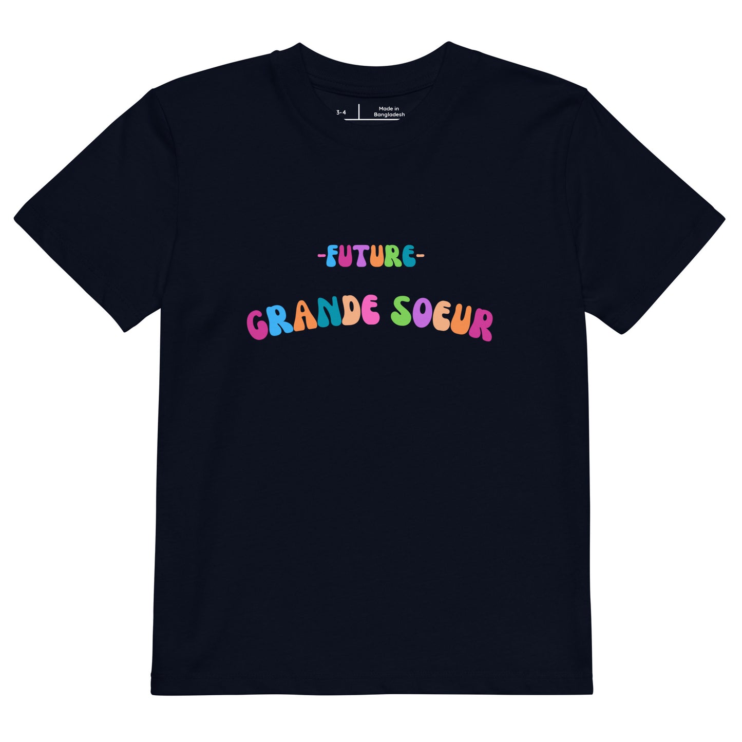 T-shirt bleu marine manche courte encolure ronde 100% coton bio avec inscription "Future grande soeur"