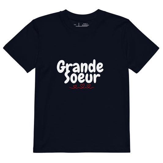 t-shirt bleu marine manche courte encolure ronde 100% coton bio inscription "grande Soeur " avec des coeurs