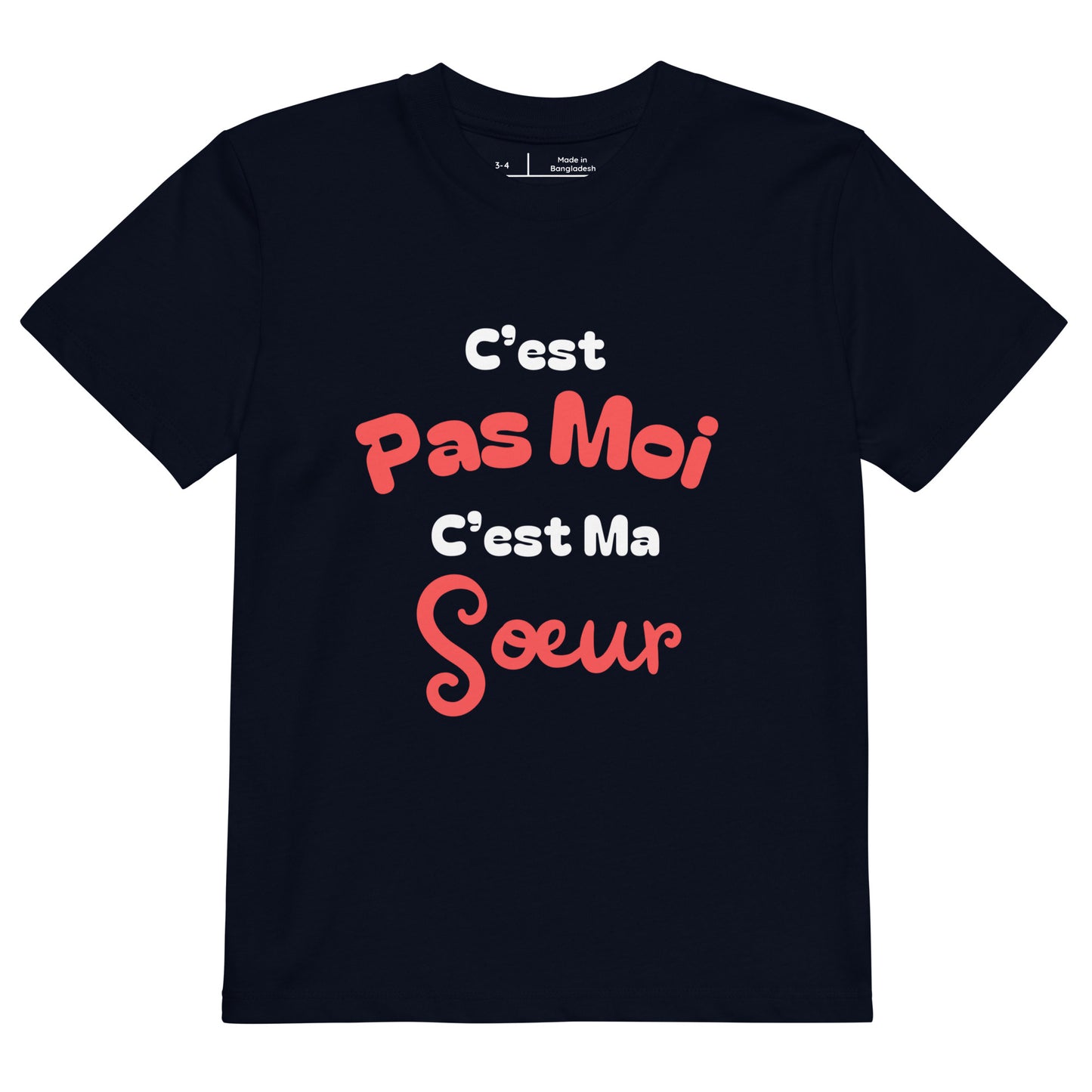 t-shirt enfant bleu col rond manche courte 100% coton bio avec inscription "c'est pas moi c'est ma soeur"