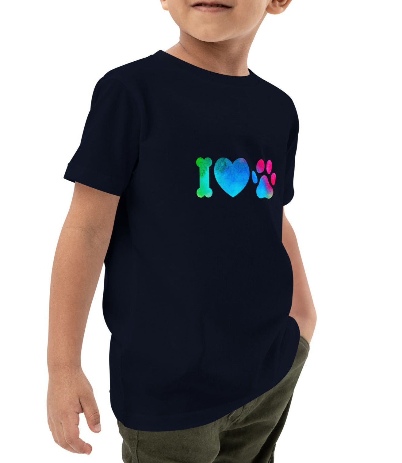 t-shirt enfant de couleur bleu foncé 100% bio avec écrit "i love  Dogs"