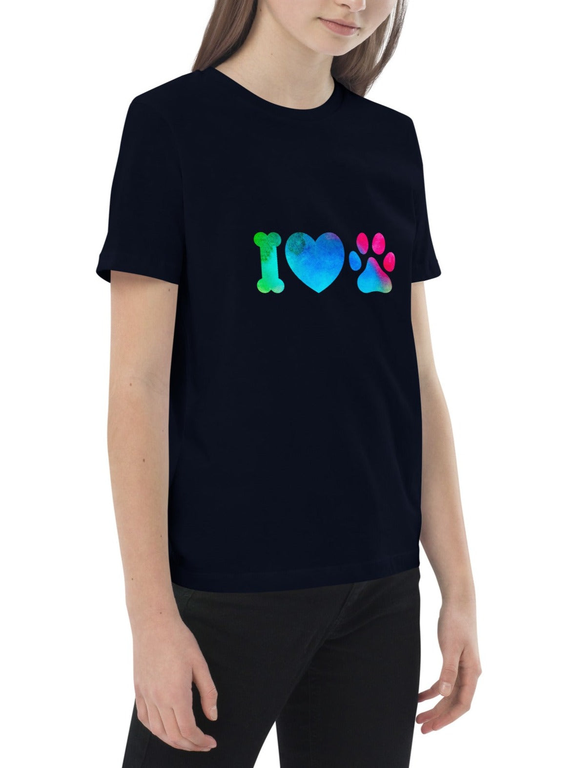 t-shirt enfant de couleur bleu foncé 100% bio avec écrit "i love  Dogs"