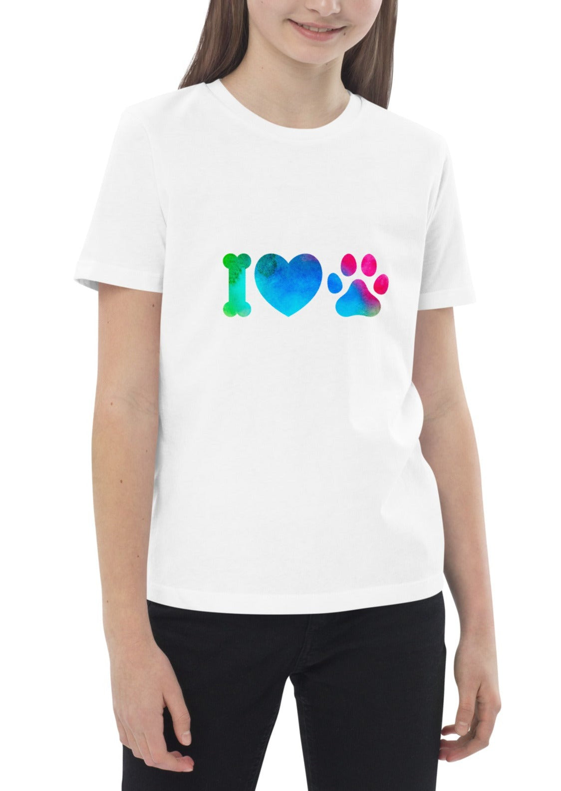 t-shirt enfant de couleur blanc 100% bio avec écrit "i love  Dogs"