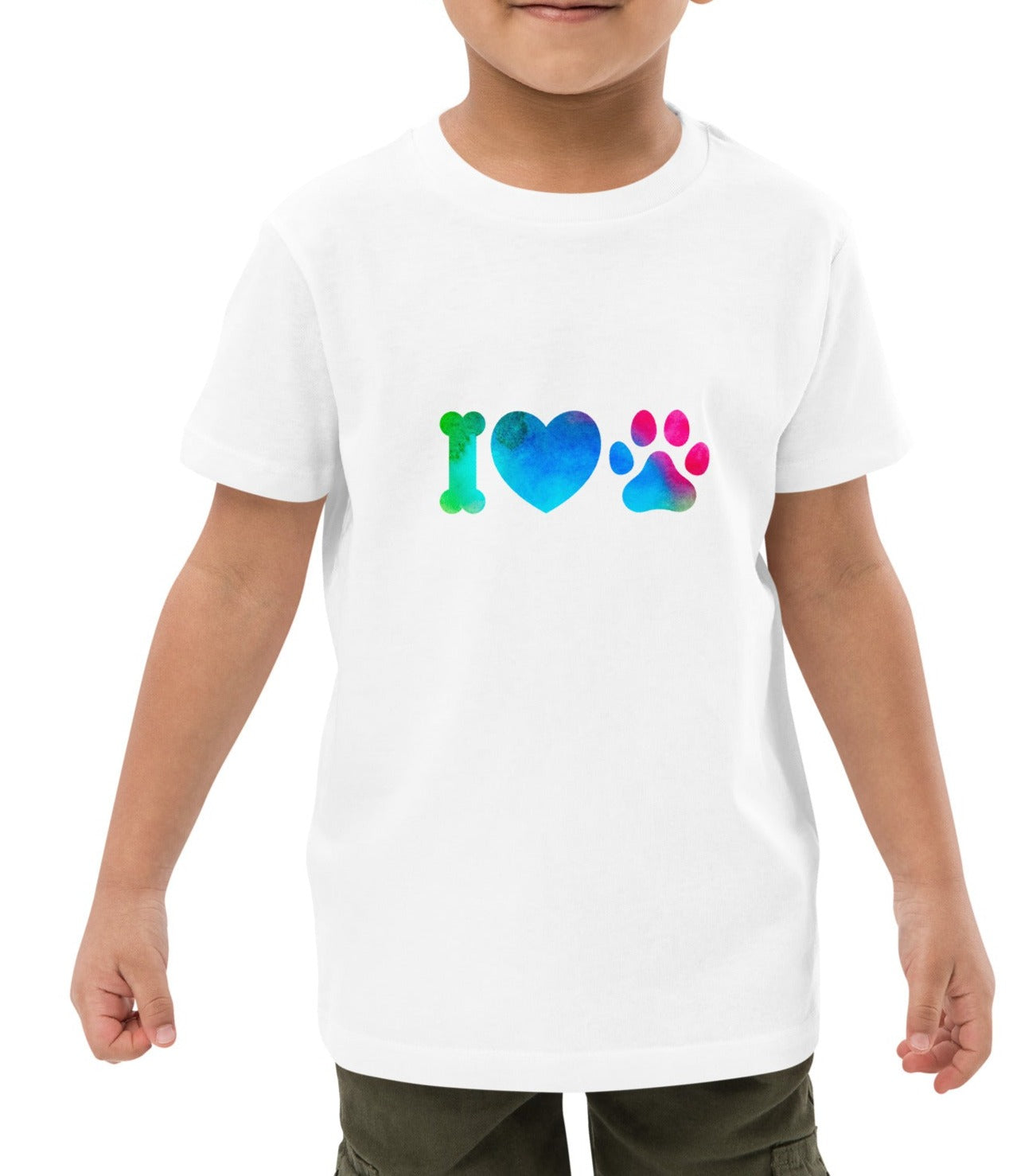 t-shirt enfant de couleur blanc 100% bio avec écrit "i love  Dogs"