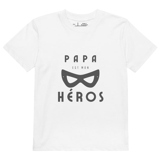 t-shirt blanc manche courte encolure ronde inscription Papa est mon héros