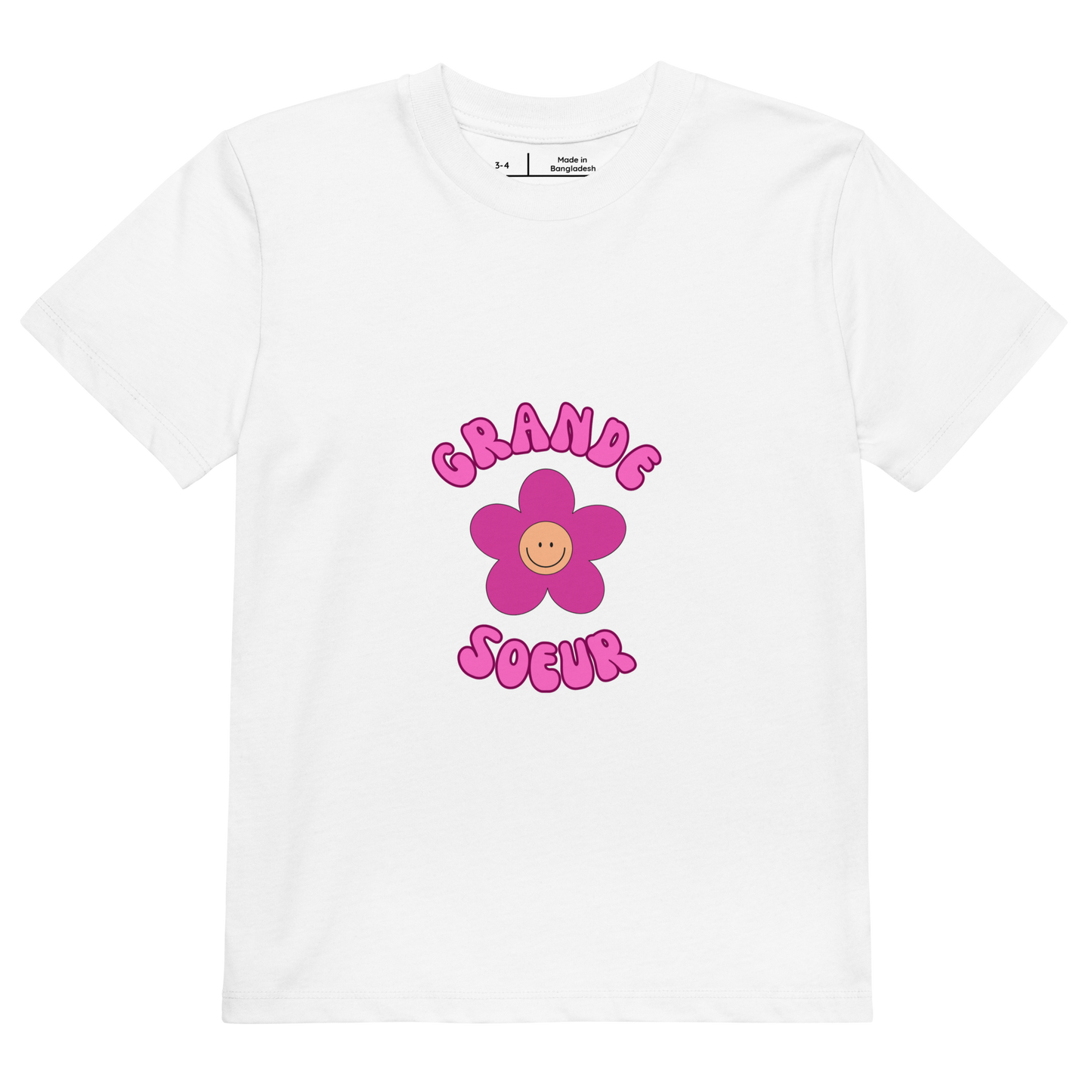 T-shirt enfant blanc manche courte encolure ronde 100% coton bio avec inscription Grande soeur