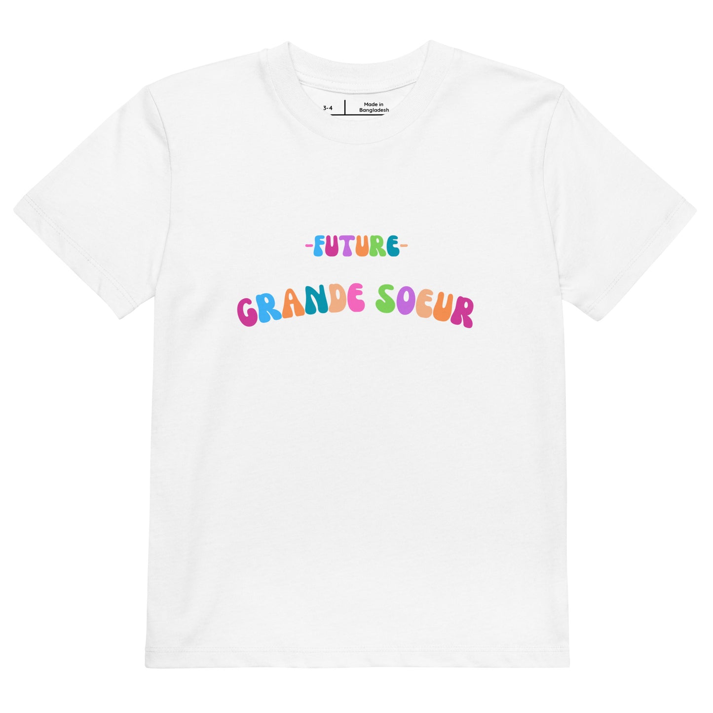 T-shirt blanc manche courte encolure ronde 100% coton bio avec inscription "Future grande soeur"