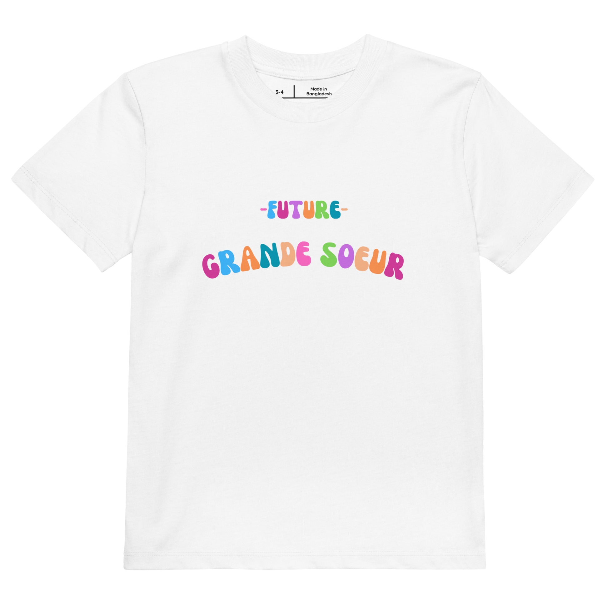 T-shirt blanc manche courte encolure ronde 100% coton bio avec inscription "Future grande soeur"